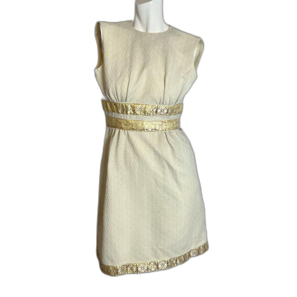 Vintage 60s Cream Mini Dress Gold Trim Belt Mod Sleeveless Sheath Dress Size 7