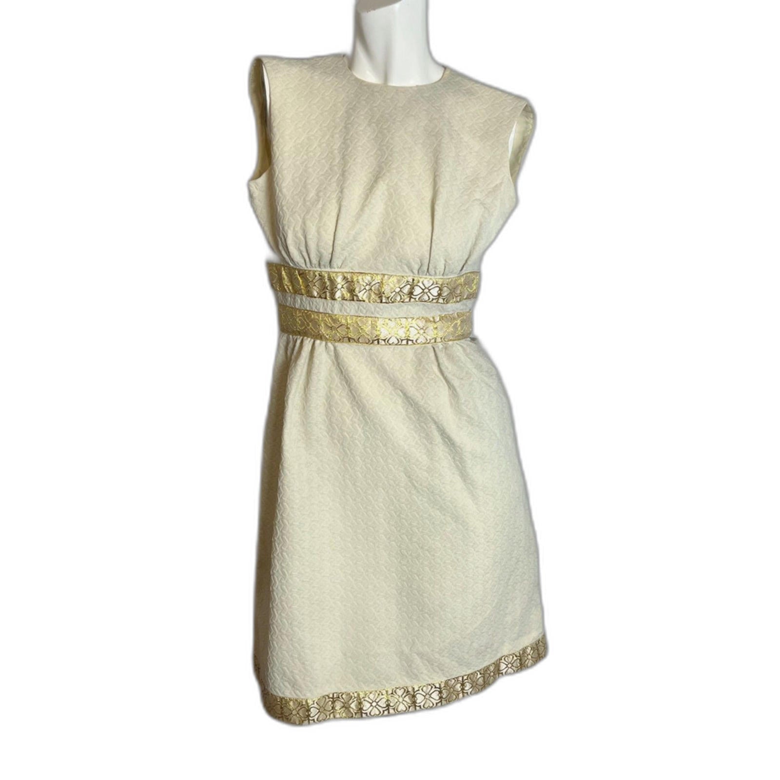 Vintage 60s Cream Mini Dress Gold Trim Belt Mod Sleeveless Sheath Dress Size 7