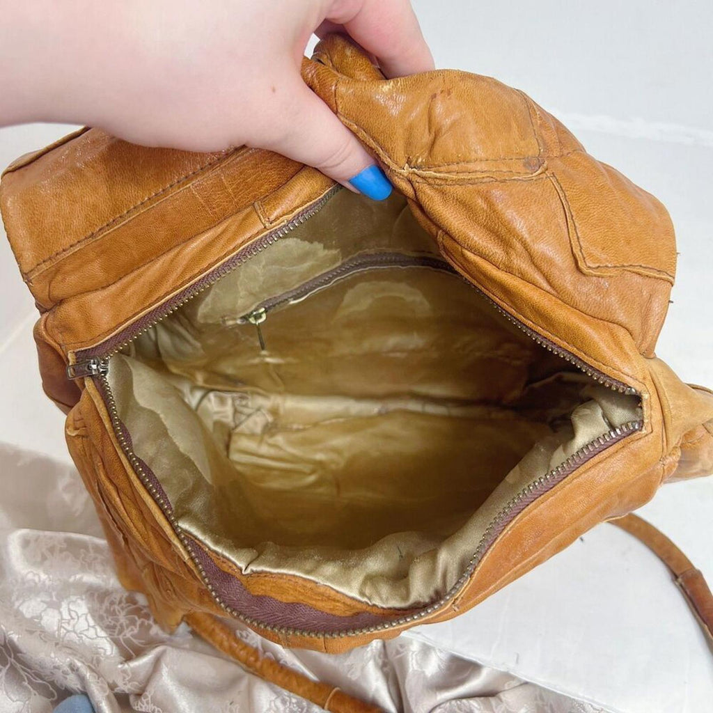 Vintage 70s Brown Leather Patchwork Boho Hippie Festival Shoulder Bag Hobo Bag