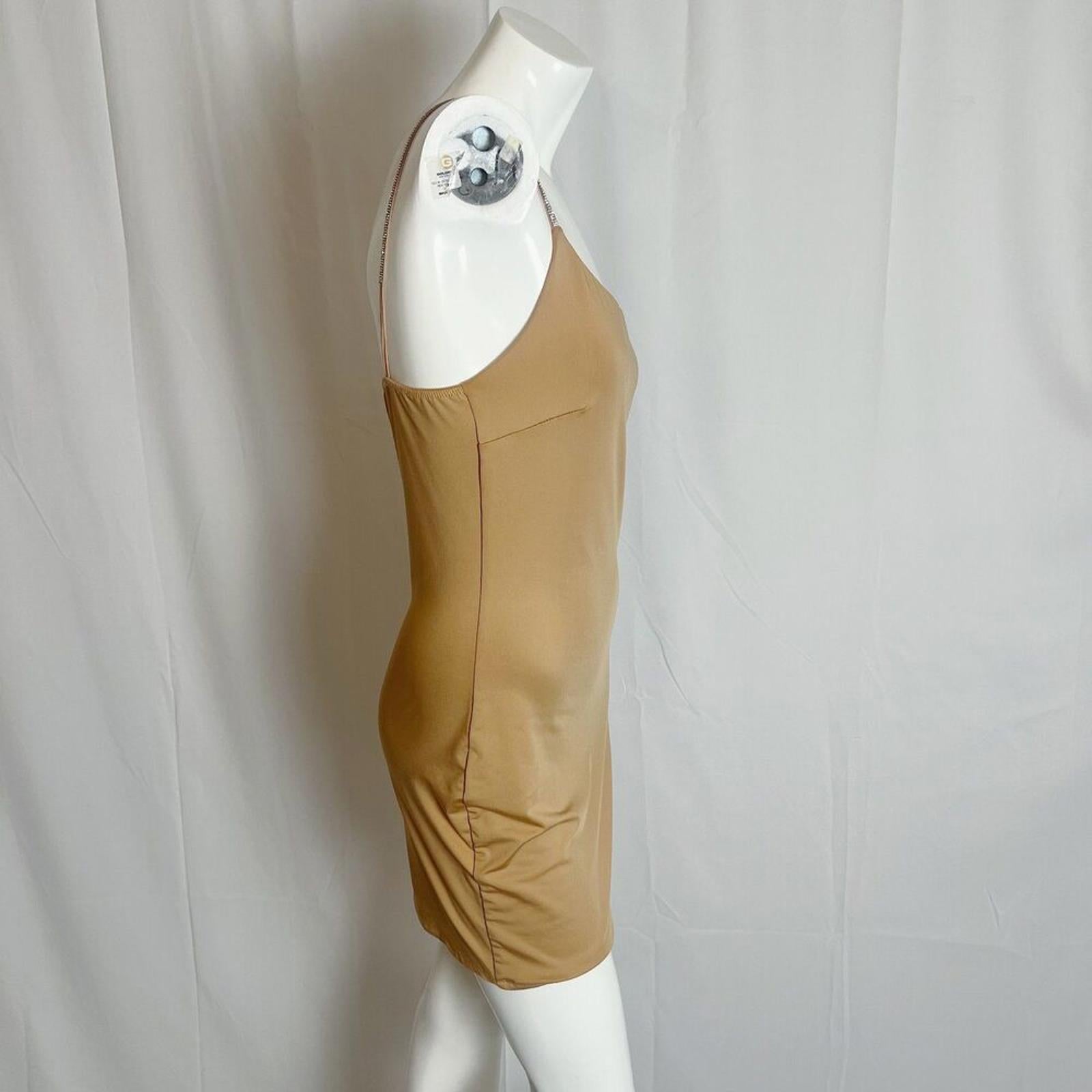 Iris Nude Bodycon Dress Rhinestone Straps Tan Beige Women's Size L