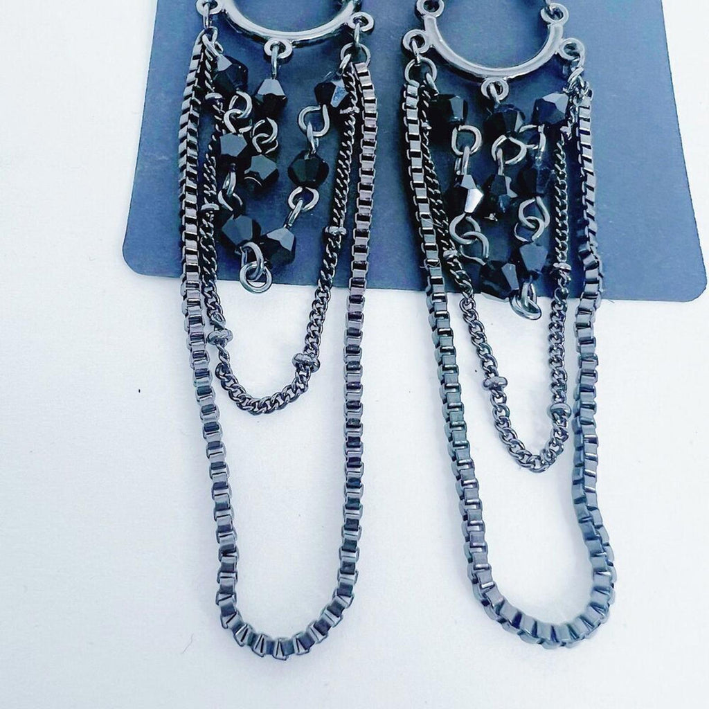 Gunmetal Chain Chandelier Earrings Black Beading Gothic Grunge Punk