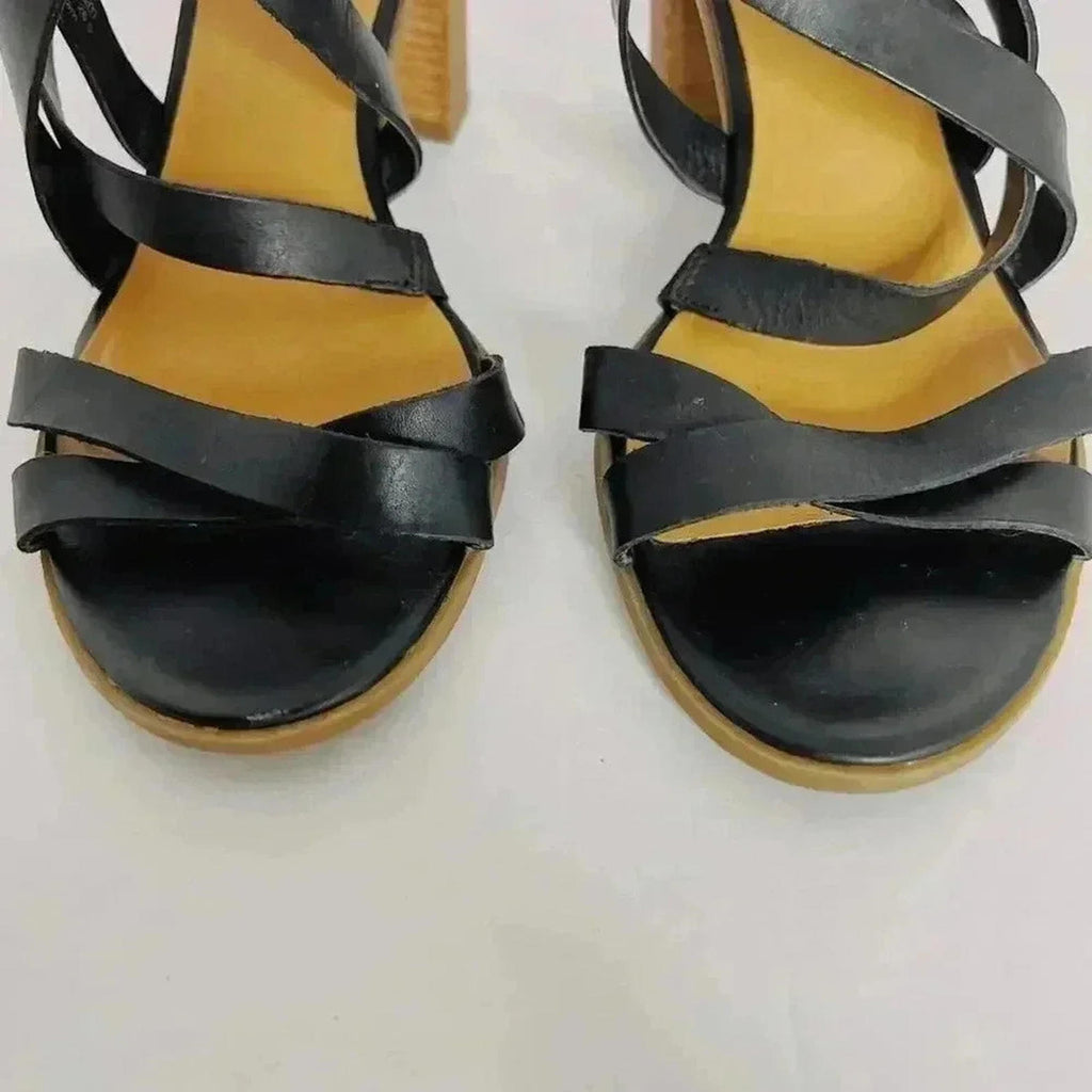 Franco Sarto Black Leather Heeled Sandals Strappy Women's Size 9.5