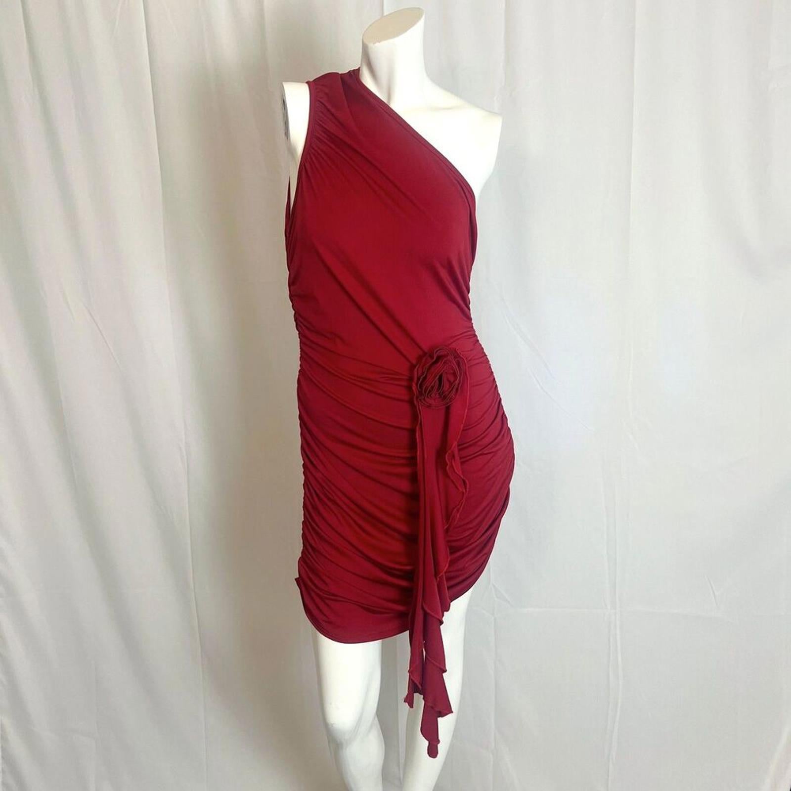 Dark Red One Shoulder Asymmetrical Mini Dress Ruched Bodycon Flower Size L