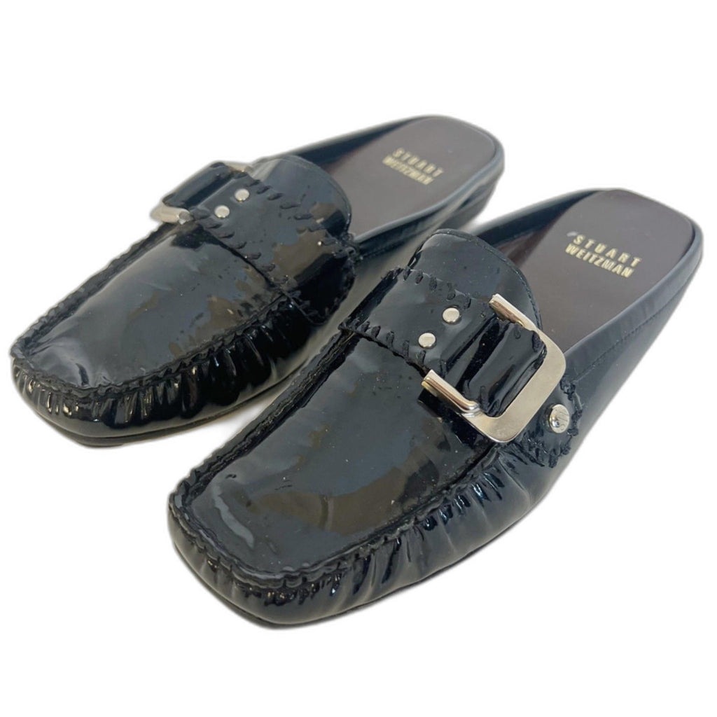 Stuart Weitzman Black Patent Leather Loafer Mules Buckled Slide Women's Size 6