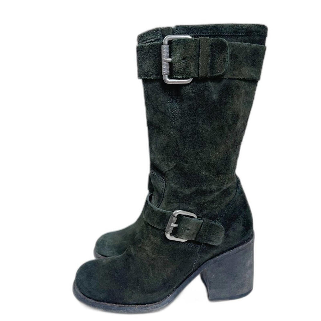 Vera Wang Lavender Cameron Double Buckle Boot Olive Green Suede Size 7 Moto
