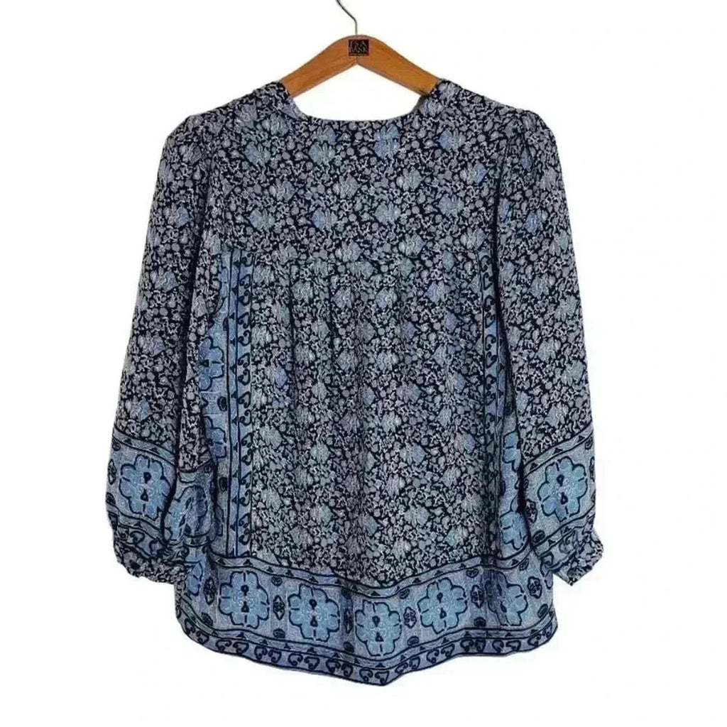 Joie Silk Navy Light Blue Floral Long Sleeve Blouse Summer Office Size XS