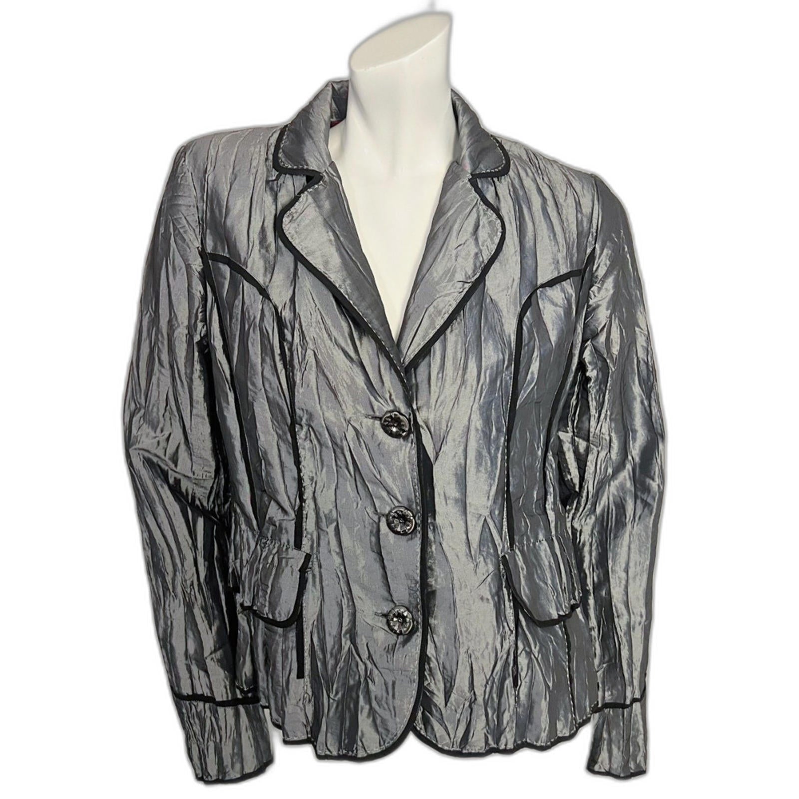 Y2K Vintage Alberto Makali Silver Crinkled Blazer Black Piping Women's Size M