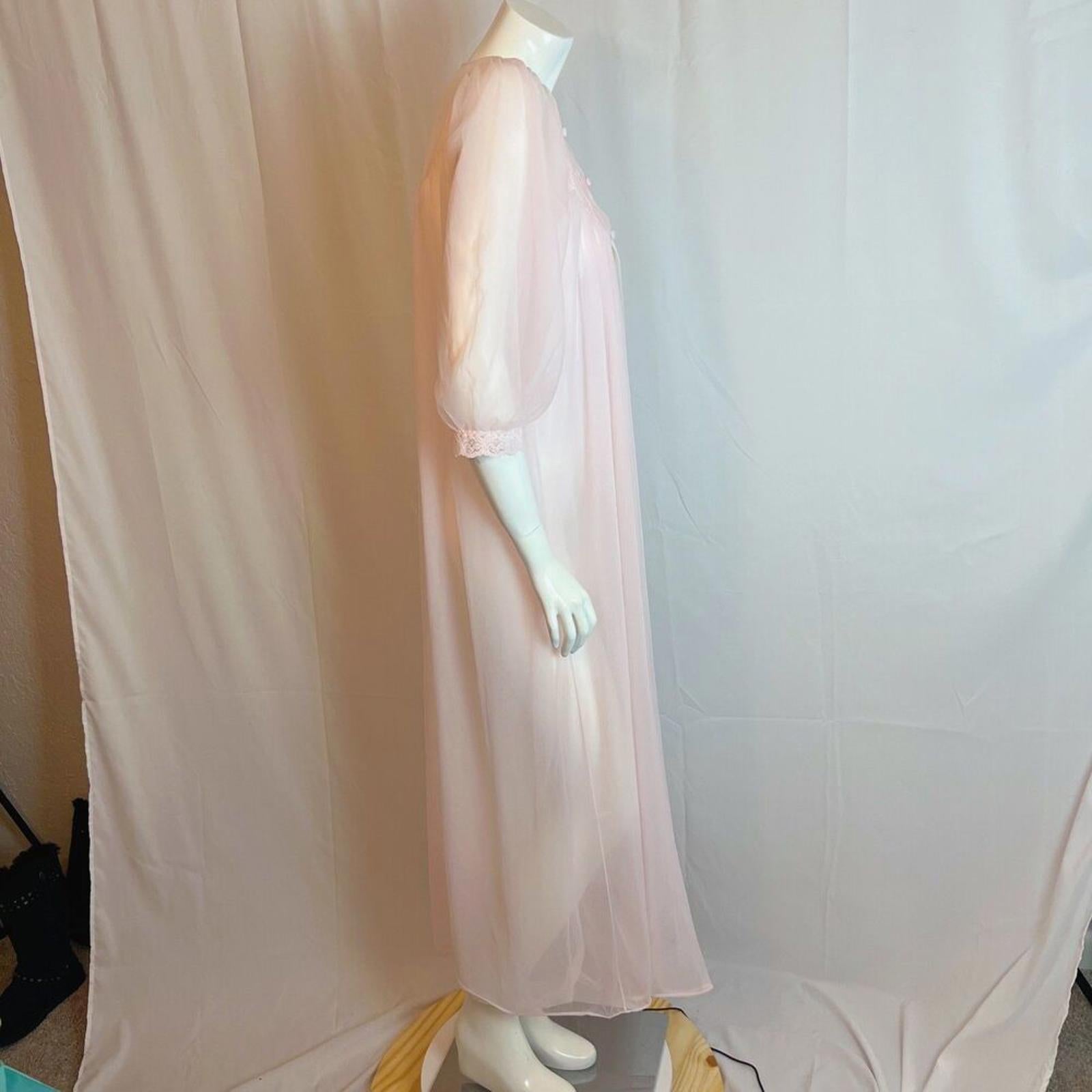 Vintage 1970s Sheer Pink Chiffon Night Gown Lace Details Coquette Size M