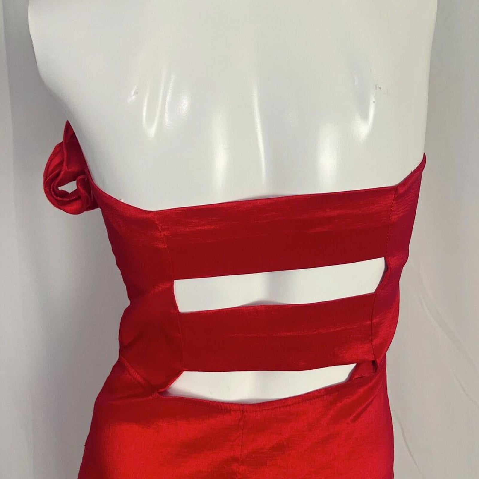1980s Vintage La Scala Red Strapless Ruched Cocktail Dress Ruffled Top Size XL