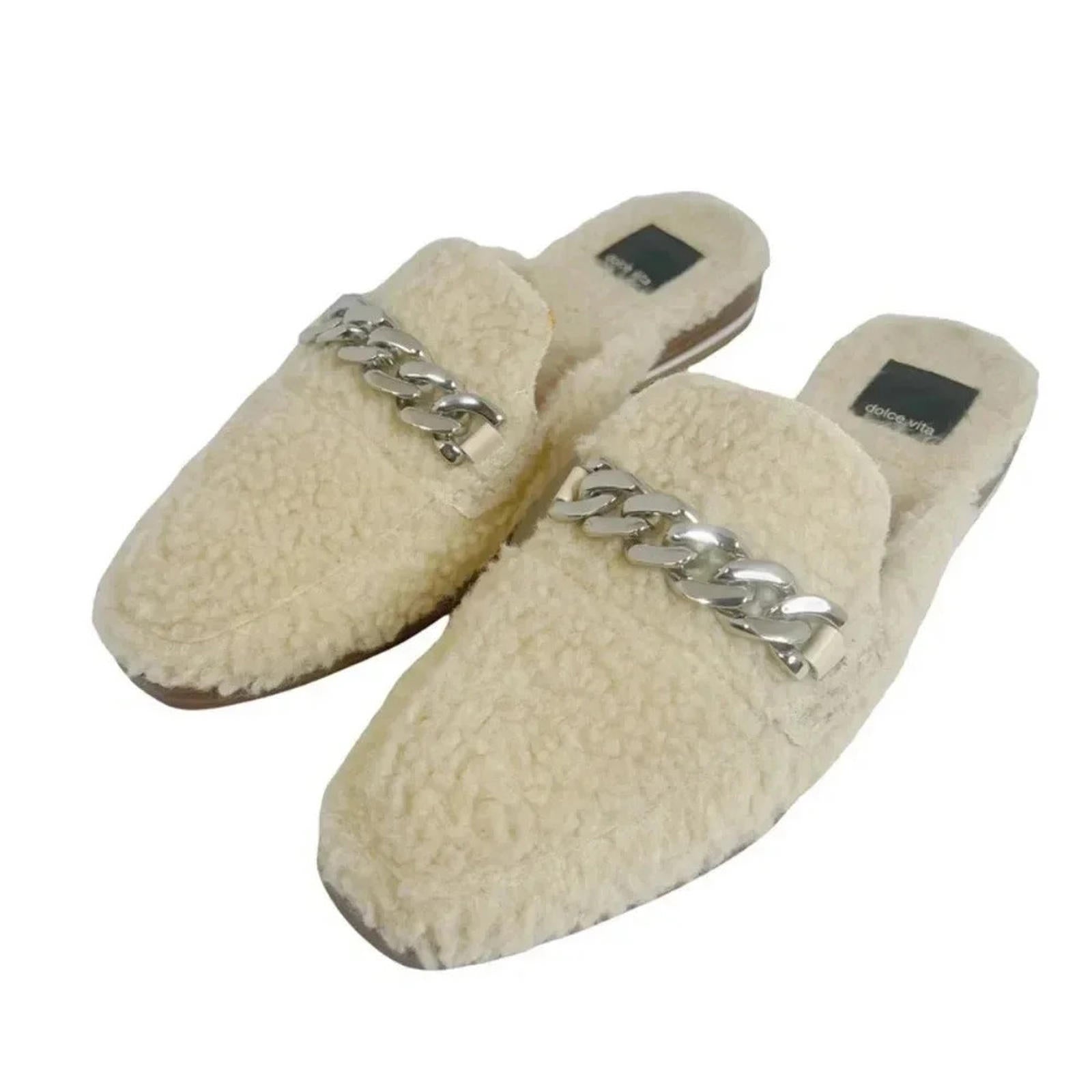 Dolce Vita Pela Cream Sherpa Mule Flat Silver Chain Women's Size 8