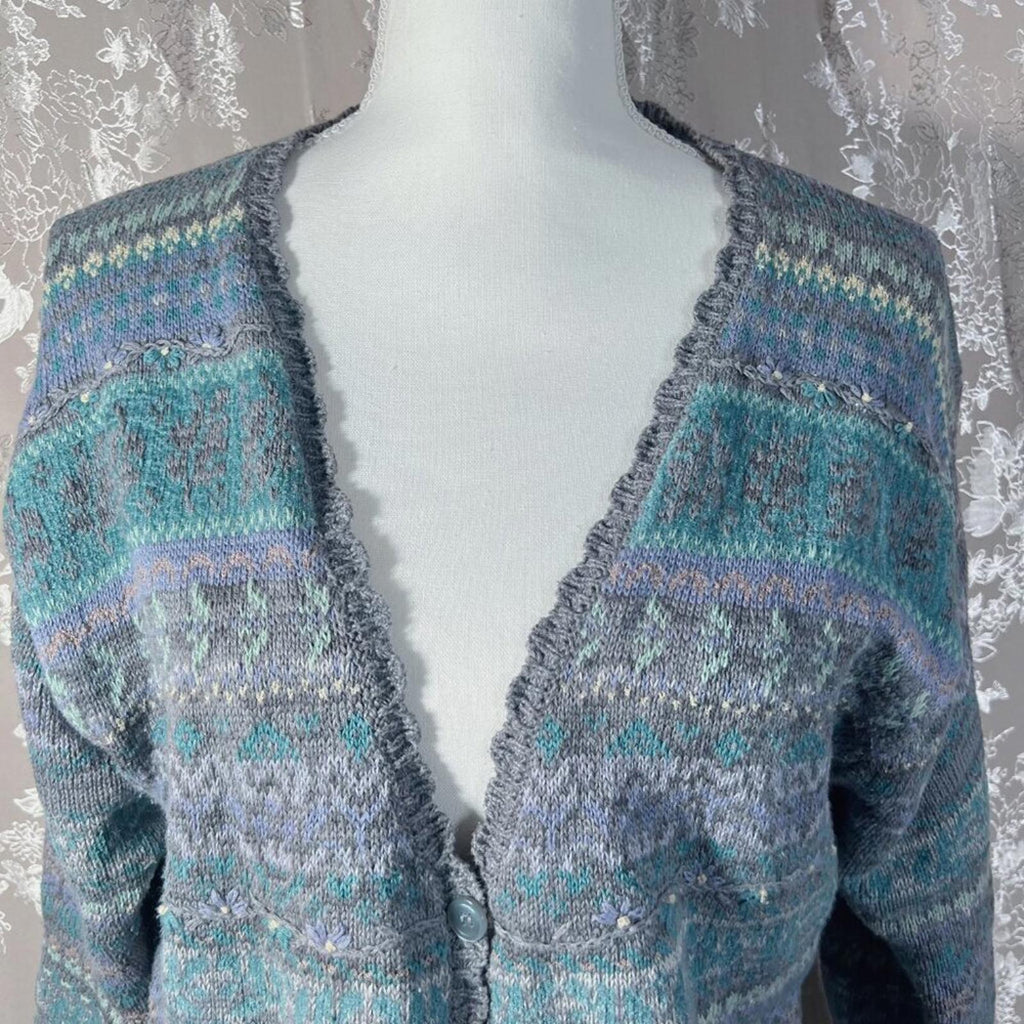 Vintage Jantzen Collection Embroidered Grey Blue Purple Cardigan Sweater Size M