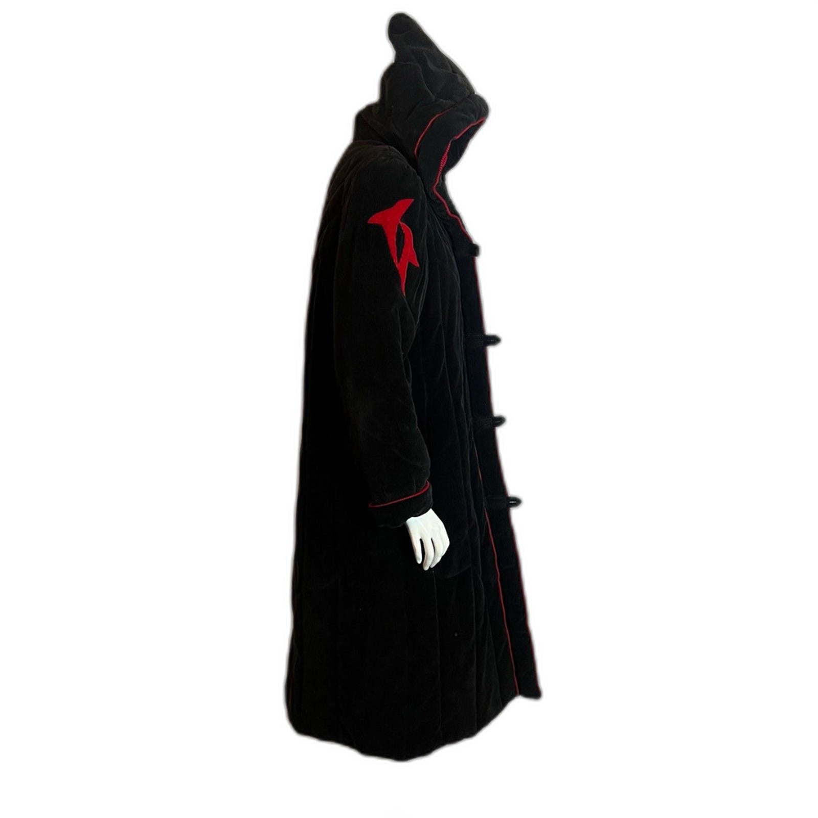 Vintage 1980s Dew-East Black and Red Corduroy Knee Length Jacket Goth Size M