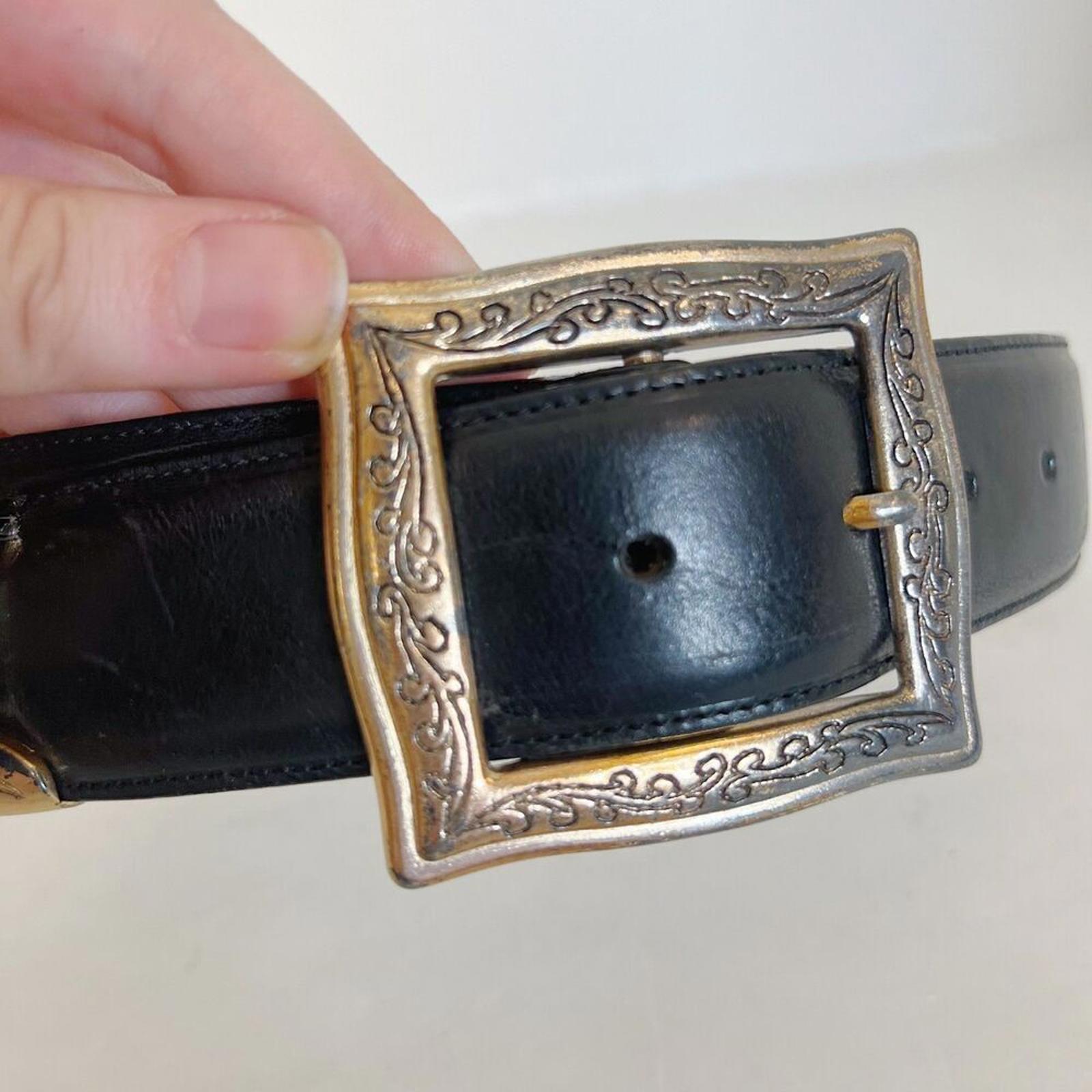 Vintage Land's End Black Leather Belt Silver Engraved Buckle Size 26 Western