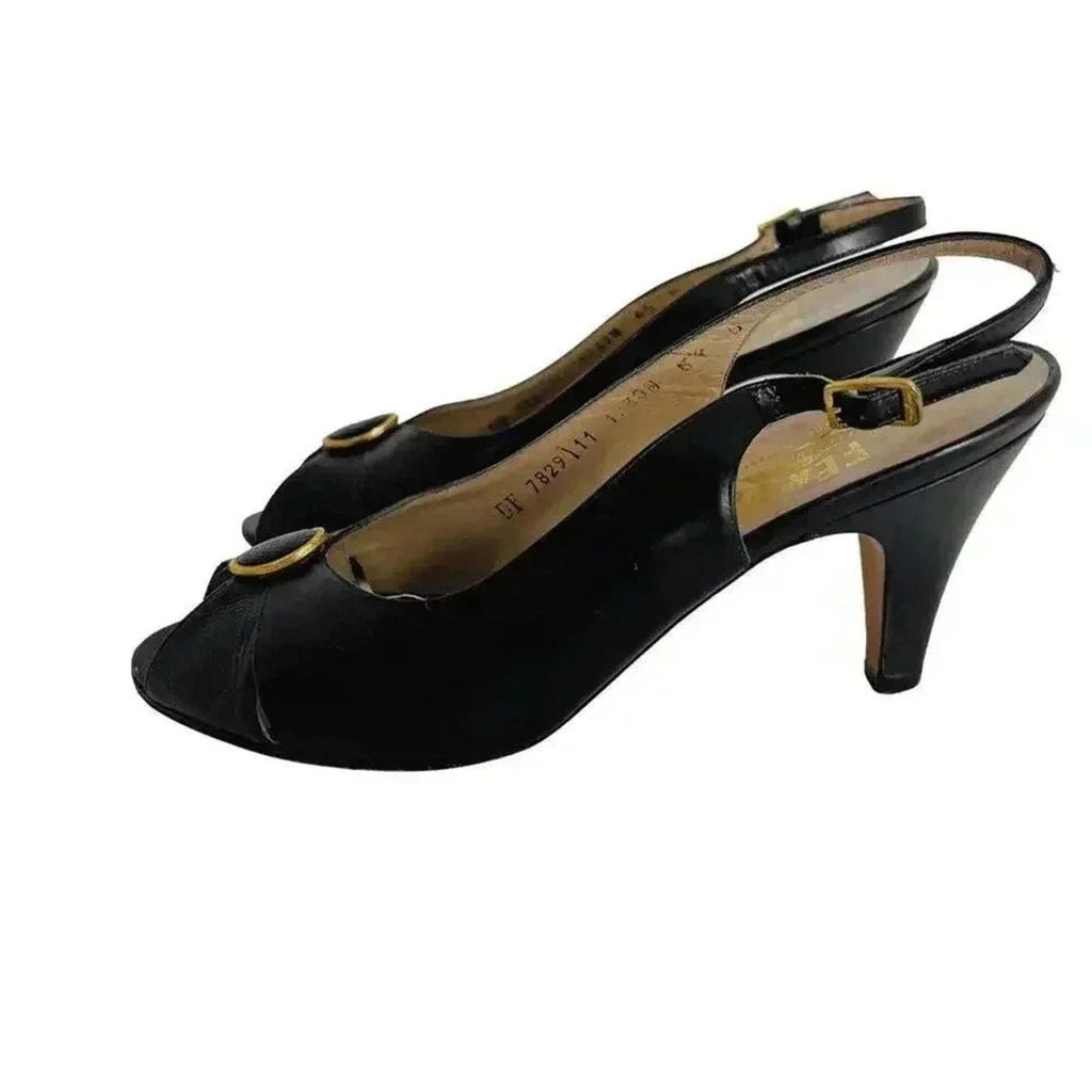 Ferragamo Vintage Leather Slingback Peep Toe Heels Gold Emblem Women's Size 6.5