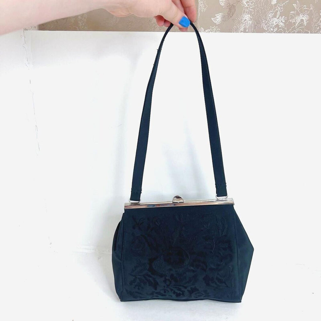 Vintage Black Satin Embroidered Evening Bag Silver Clasp Purse