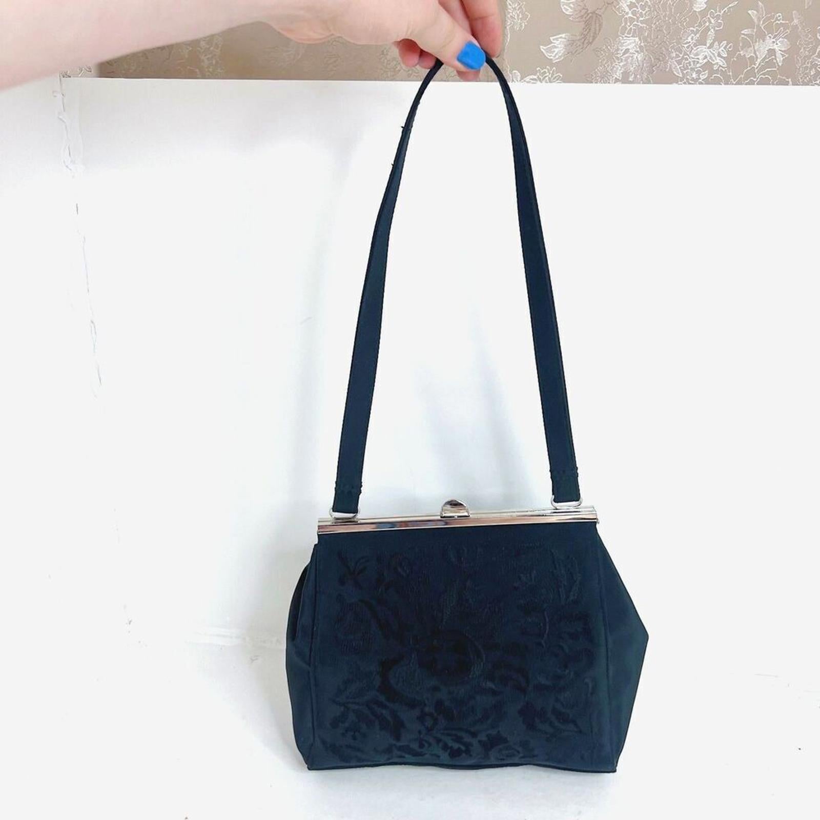 Vintage Black Satin Embroidered Evening Bag Silver Clasp Purse