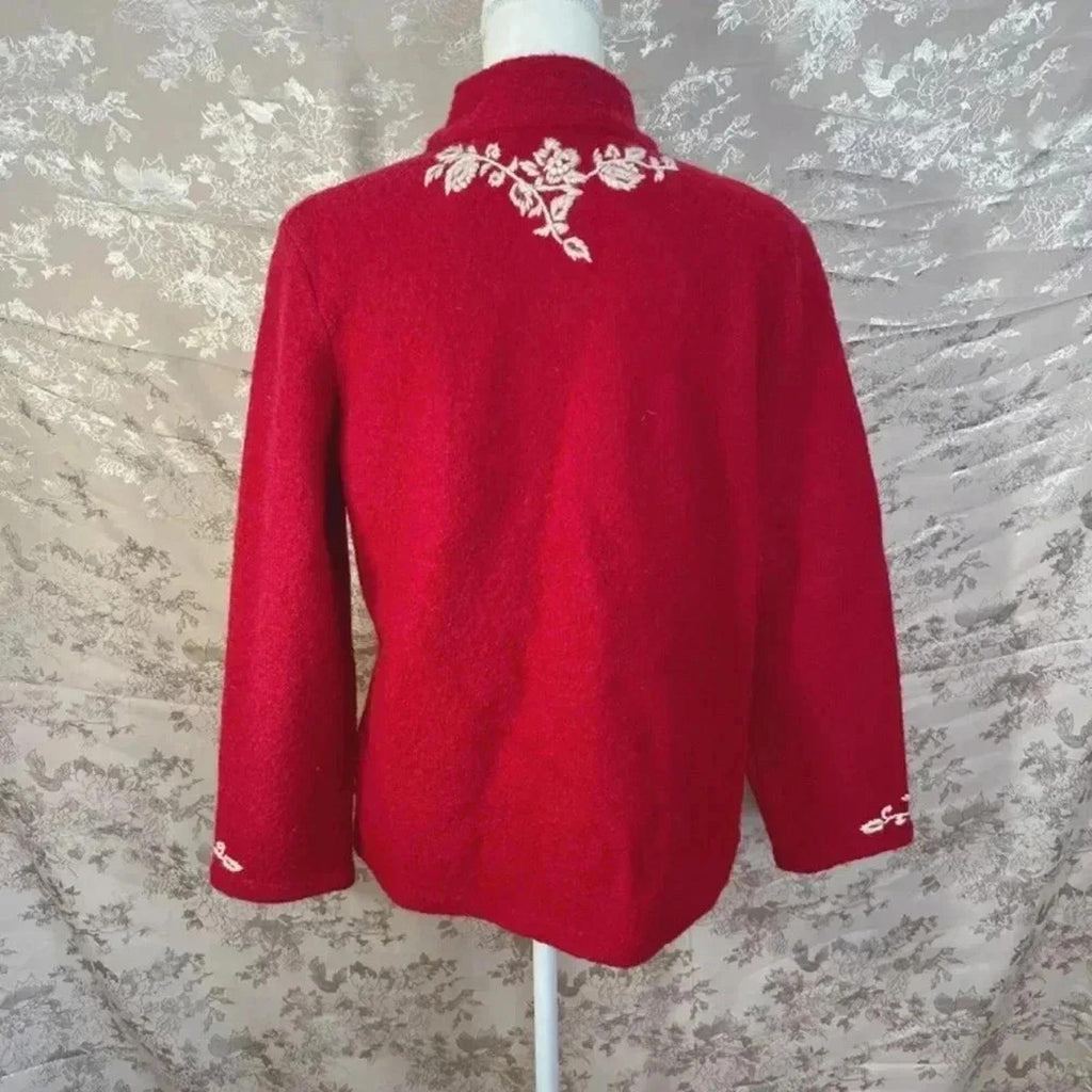 Coldwater Creek Red Boiled Wool Embroidered Jacket Size L