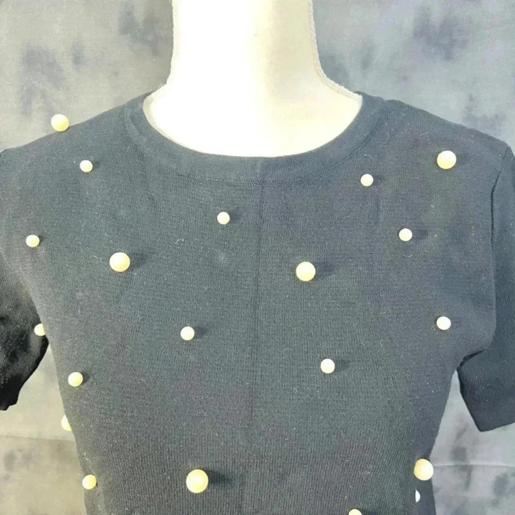 Zara Pearl Embellished Black Knit Short Sleeve Top Size S