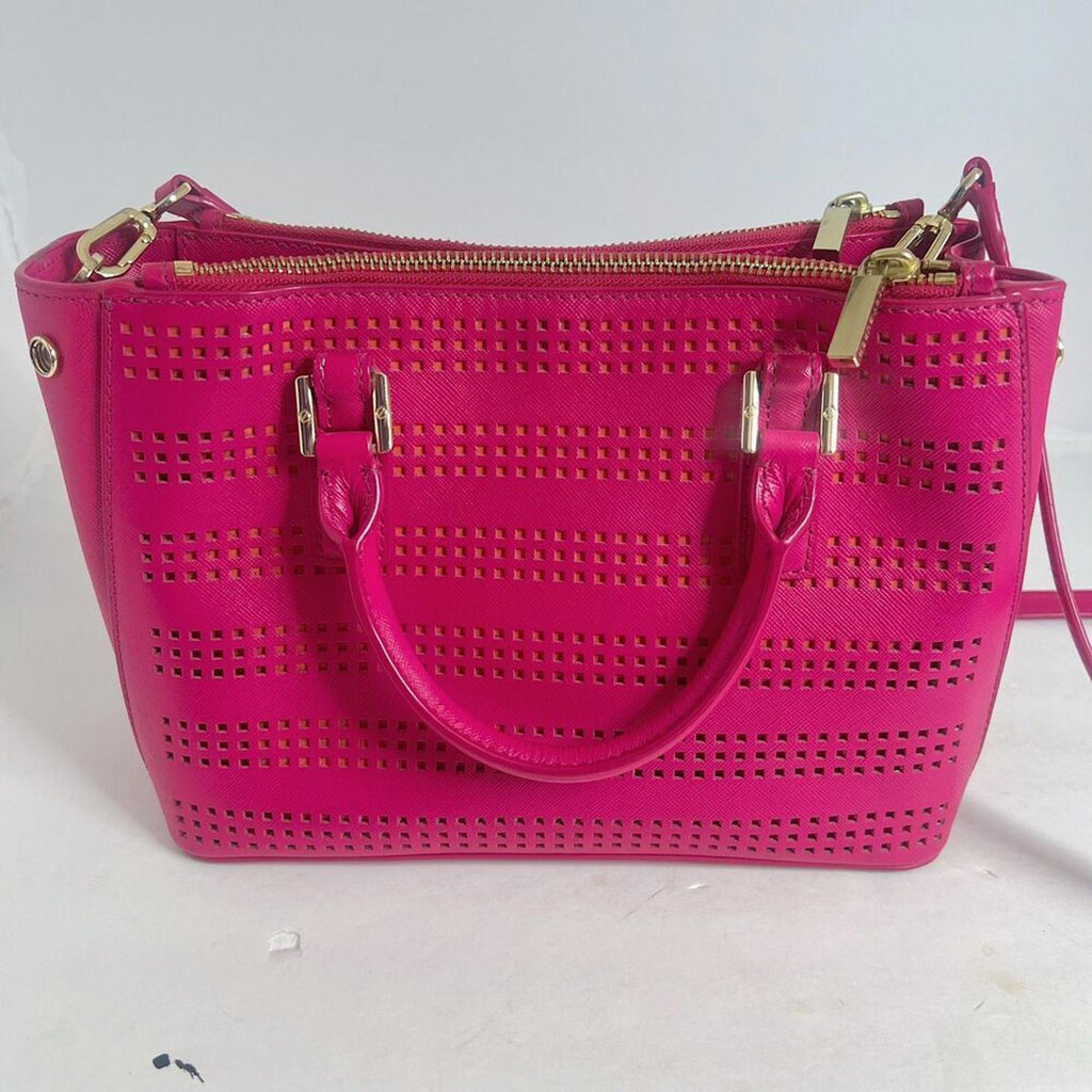 Tory Burch Robinson Fuchsia Double Zip Perforated Handbag Pink Leather Purse