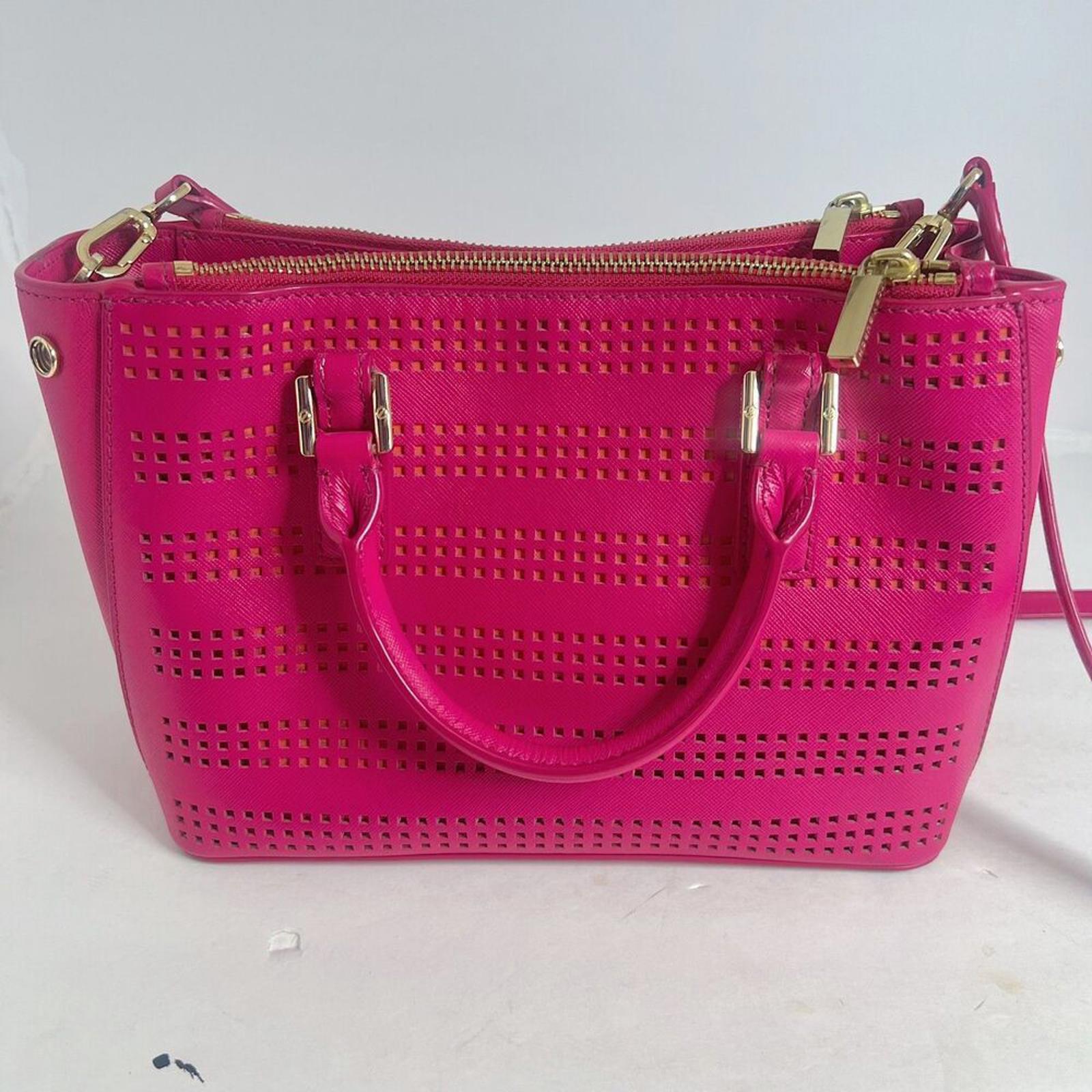 Tory Burch Robinson Fuchsia Double Zip Perforated Handbag Pink Leather Purse