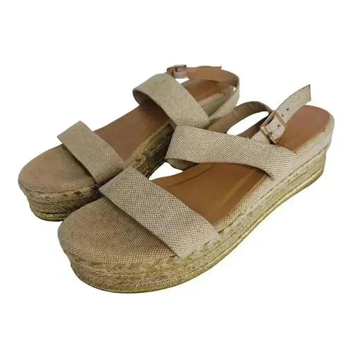 Bamboo Platform Espadrille Sandals Cream and Gold Canvas Woven Size 10