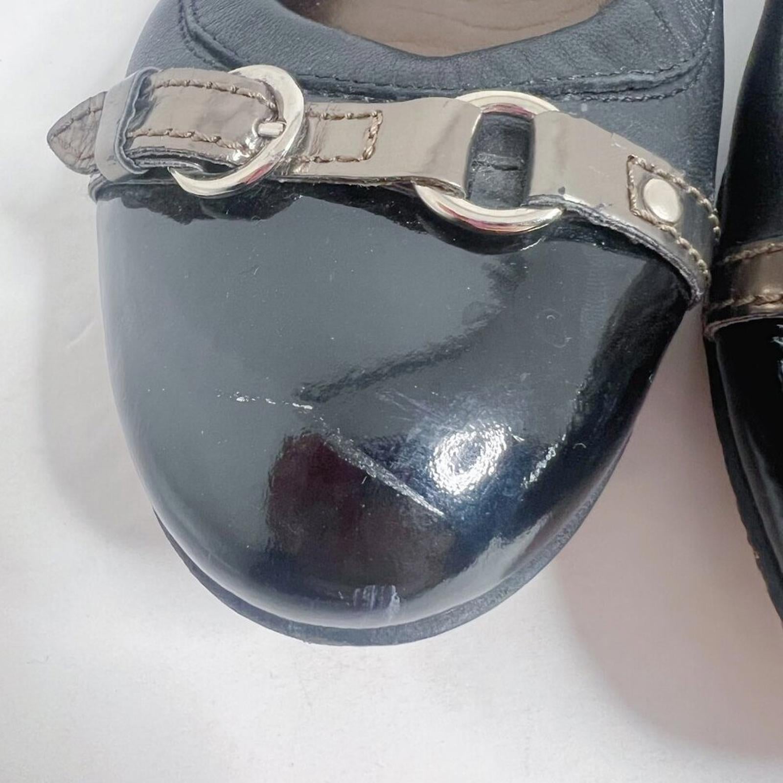 AGL Monika Cap Toe Ballet Flat Black Leather Bronze Buckle Women's Size 9.5