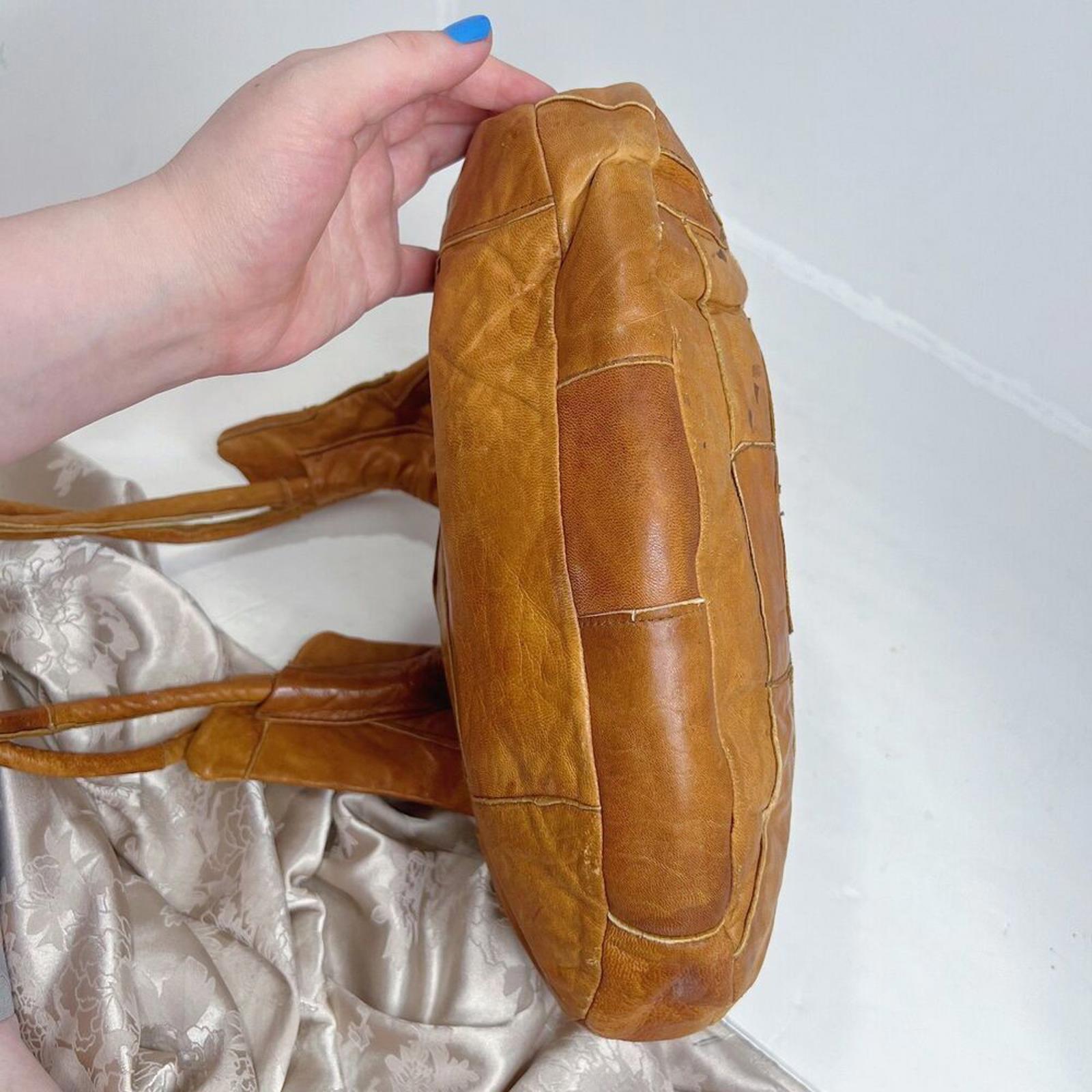 Vintage 70s Brown Leather Patchwork Boho Hippie Festival Shoulder Bag Hobo Bag