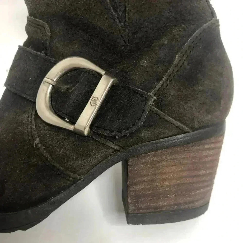 Born Dark Brown Suede Buckled Distressed Booties Women's Size 6.5