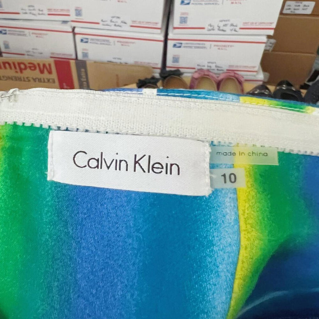 Calvin Klein Multicolor Blue and Green Watercolor Strapless Sun Dress Size 10