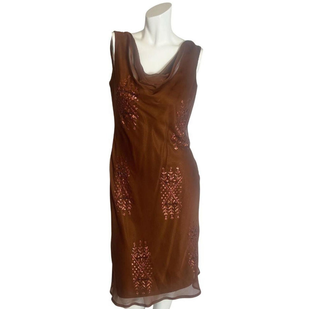 y2k Vintage Sue Wong Copper Brown Beaded Cowl Neck Midi Dress Size 10