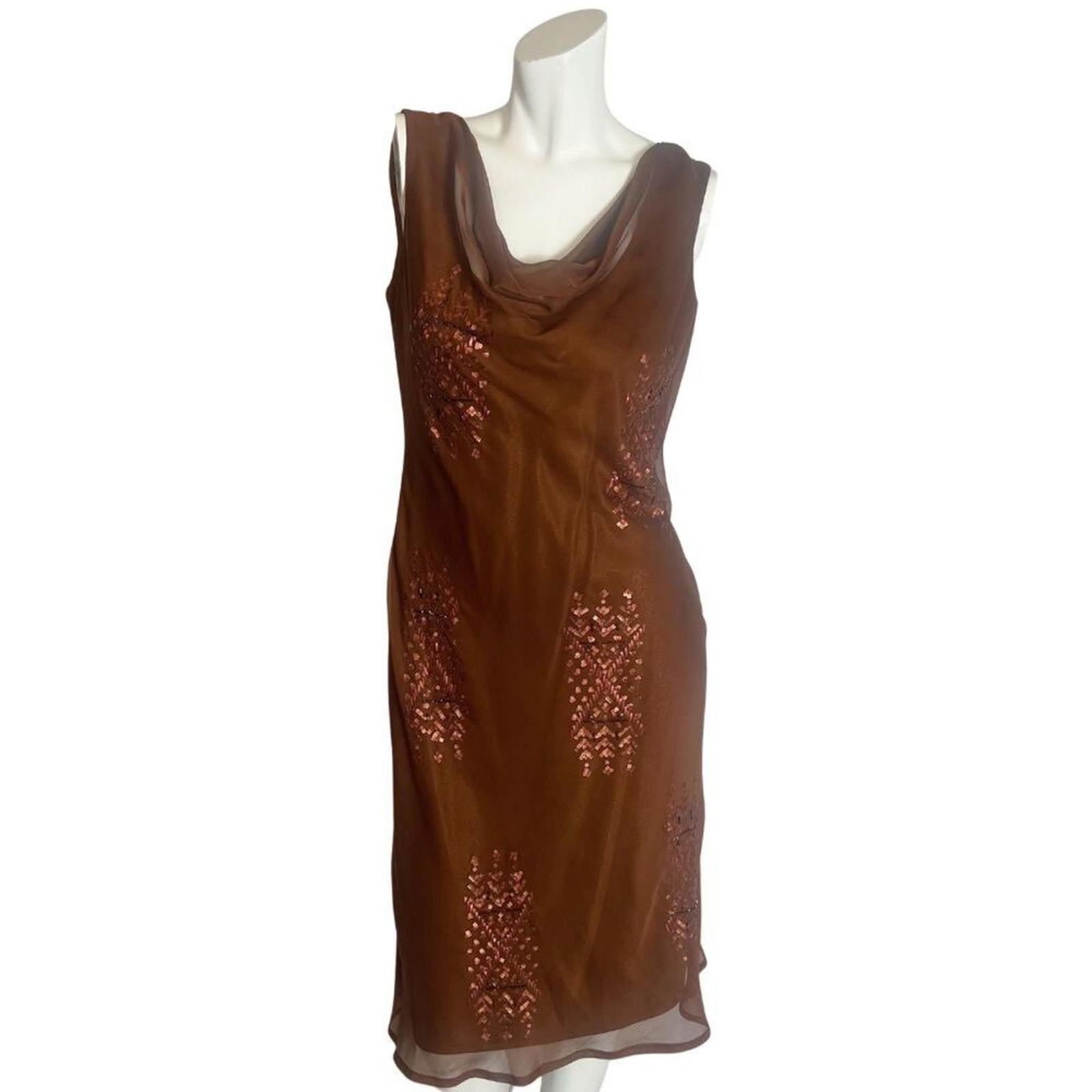 y2k Vintage Sue Wong Copper Brown Beaded Cowl Neck Midi Dress Size 10