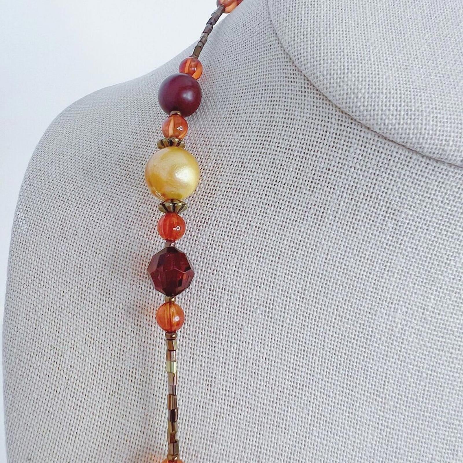 Vintage Flapper Necklace Orange Gold Red Beaded Statement Necklace