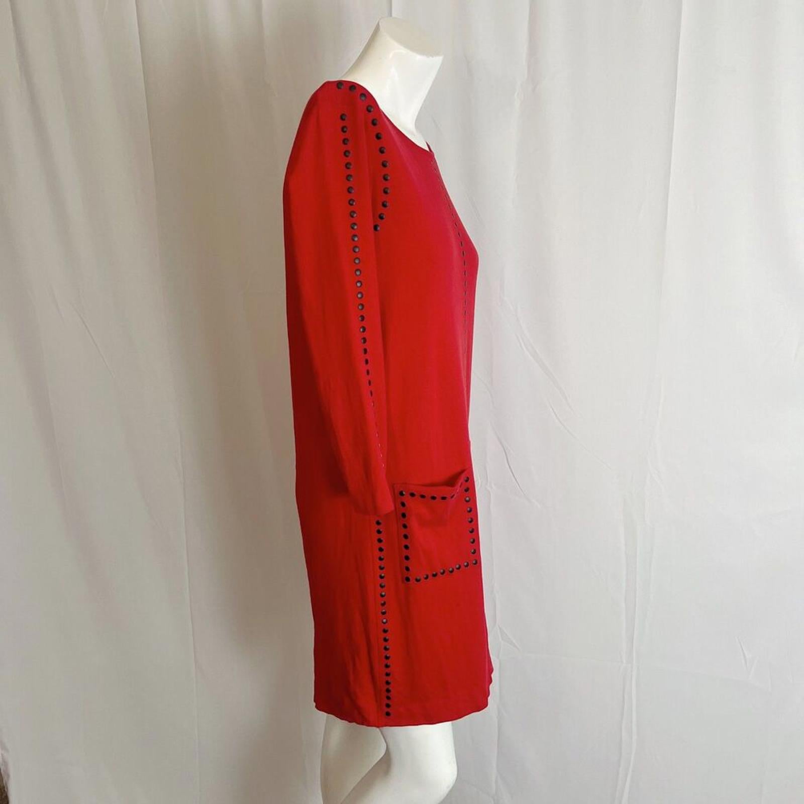 Joan Vass Red Long Sleeve Dress Black Dots Studs Women's Size 1 M