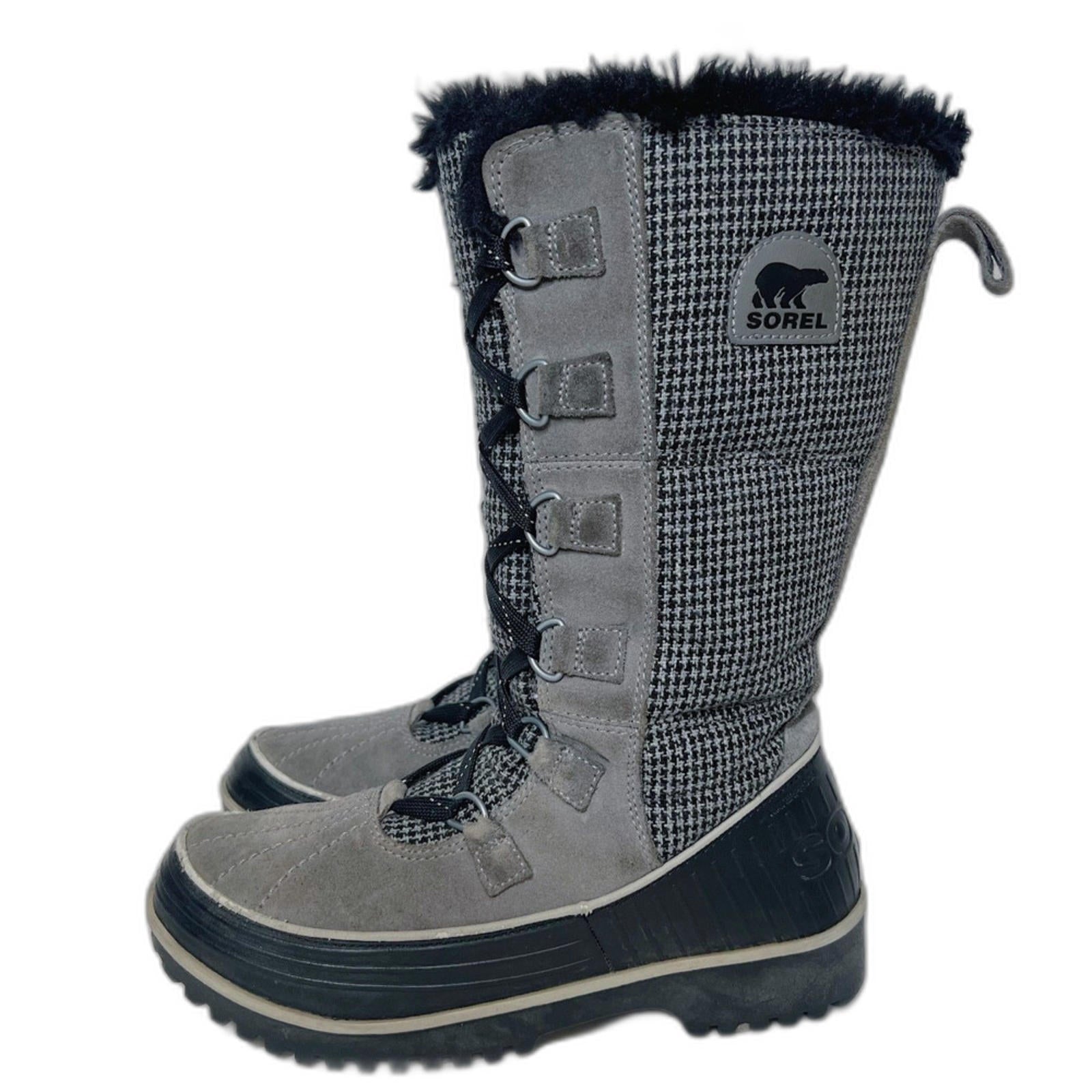 Sorel Joan of Arctic Winter Boots Grey and Black Houndstooth Fur Lined Size 7.5
