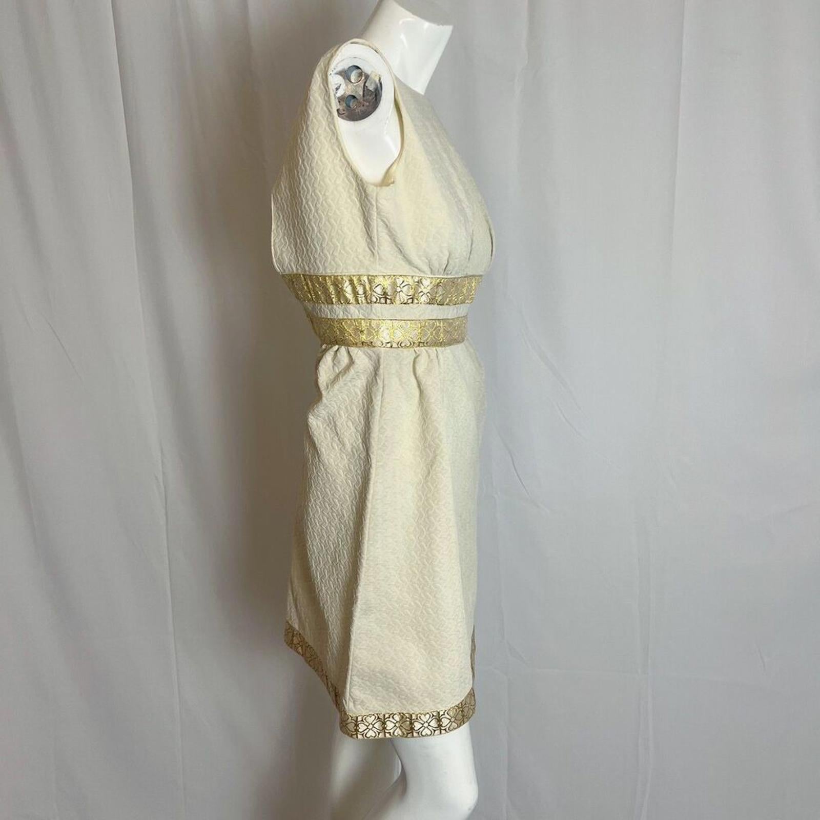 Vintage 60s Cream Mini Dress Gold Trim Belt Mod Sleeveless Sheath Dress Size 7