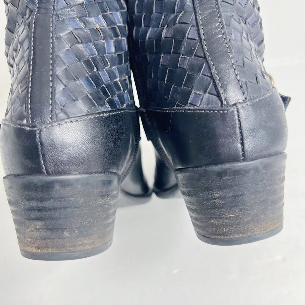 Sesto Meucci Black Leather Woven Booties Ankle Boots Women's Size 6.5