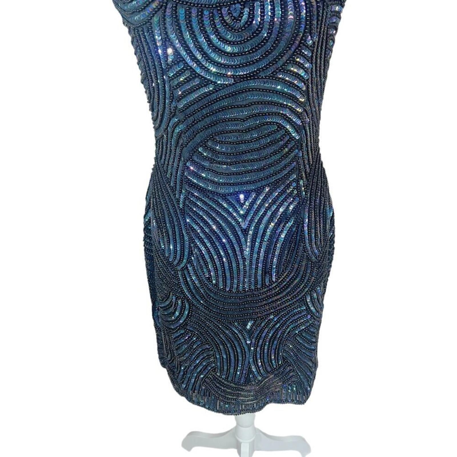 NWT Carina International Handmade Silk Blue Beaded Halter Dress Formal Size M