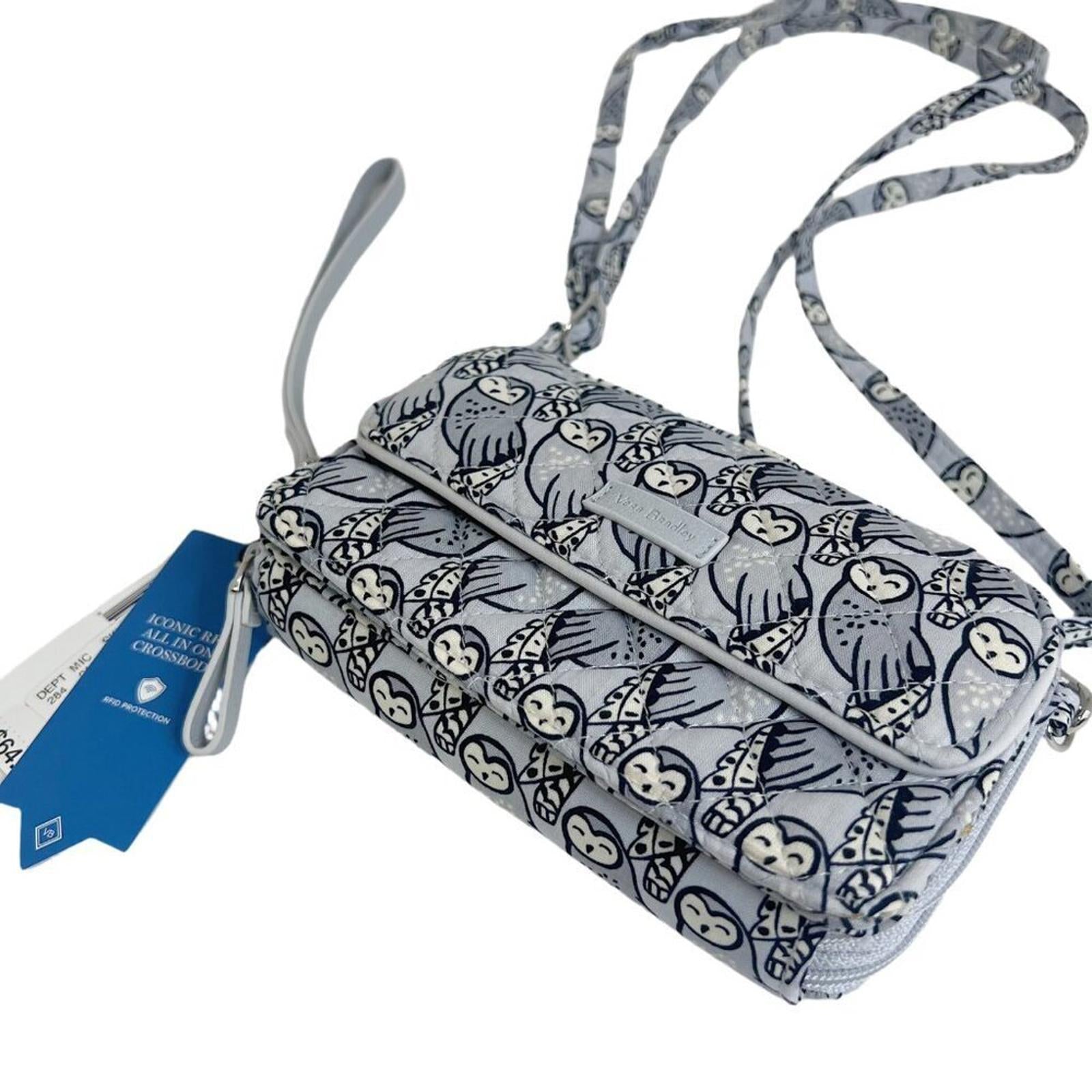 NWT Vera Bradley Grey Owl Print Performance Twill All in One Crossbody Purse