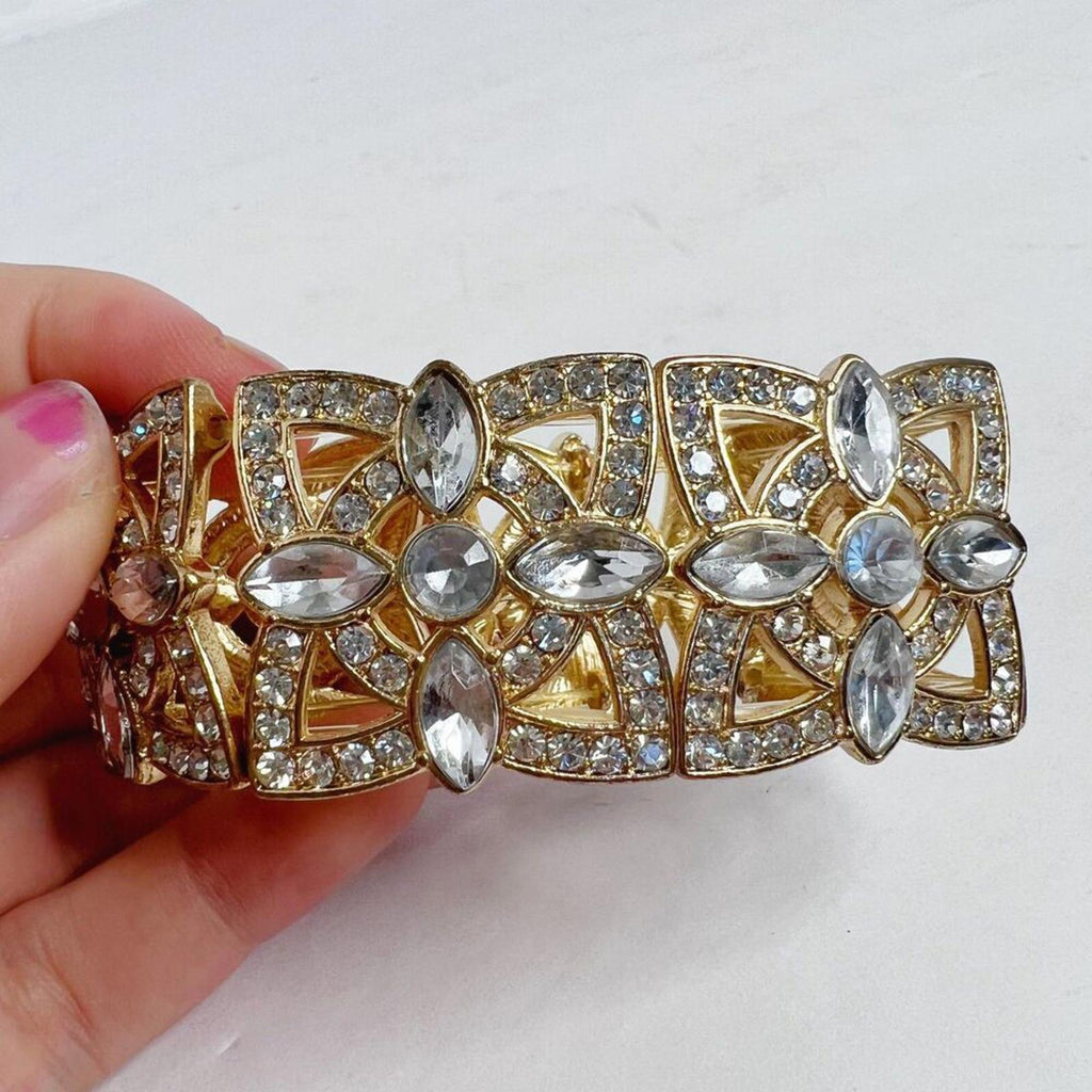 Vintage Gold Rhinestone Flower Bracelet Elastic Chunky Statement