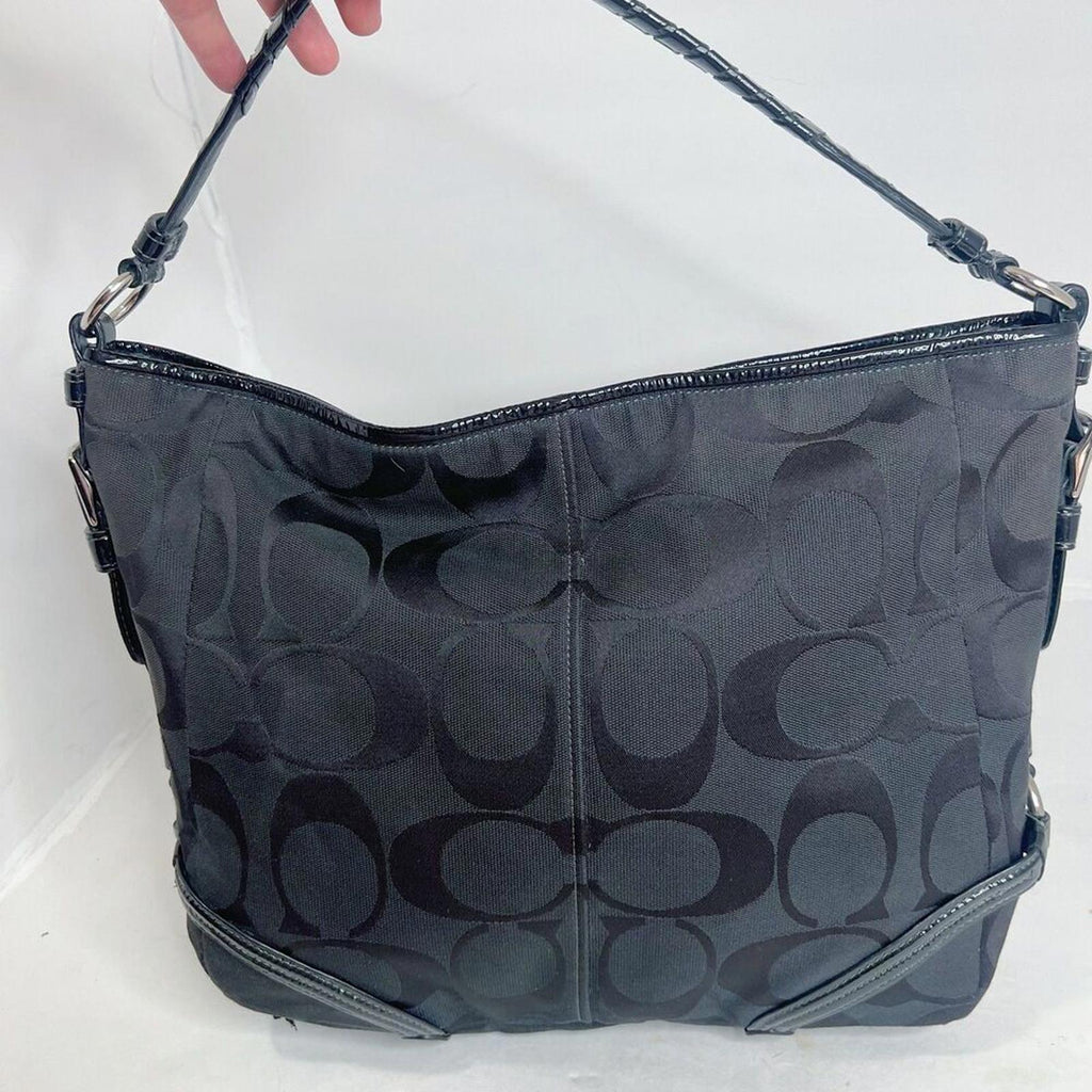 Coach Katarina Black Signature Monogram Hobo Bag Patent Leather Shoulder Bag