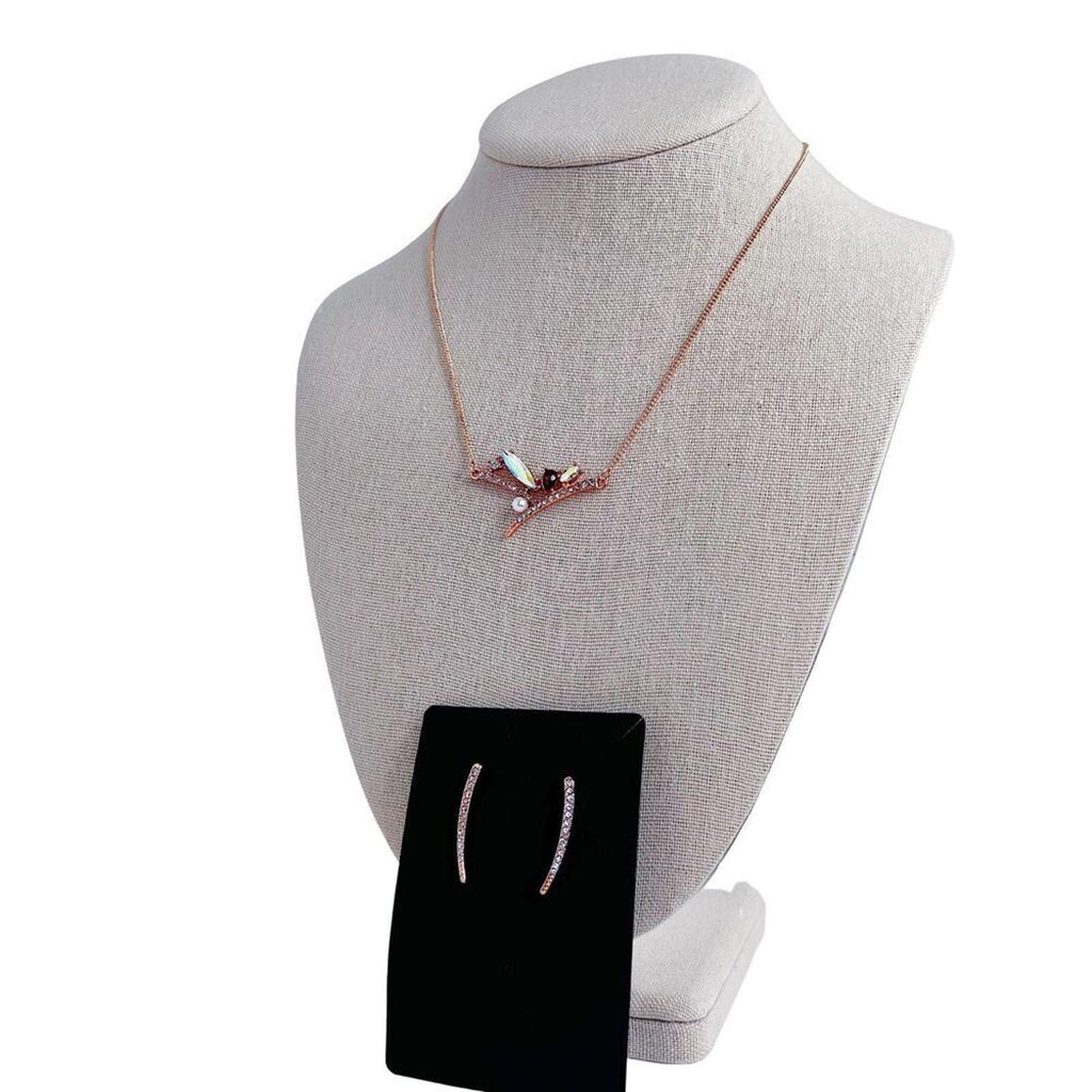 Rose Gold Jewelry Set Necklace and Earrings Rhinestone Floral Pendant