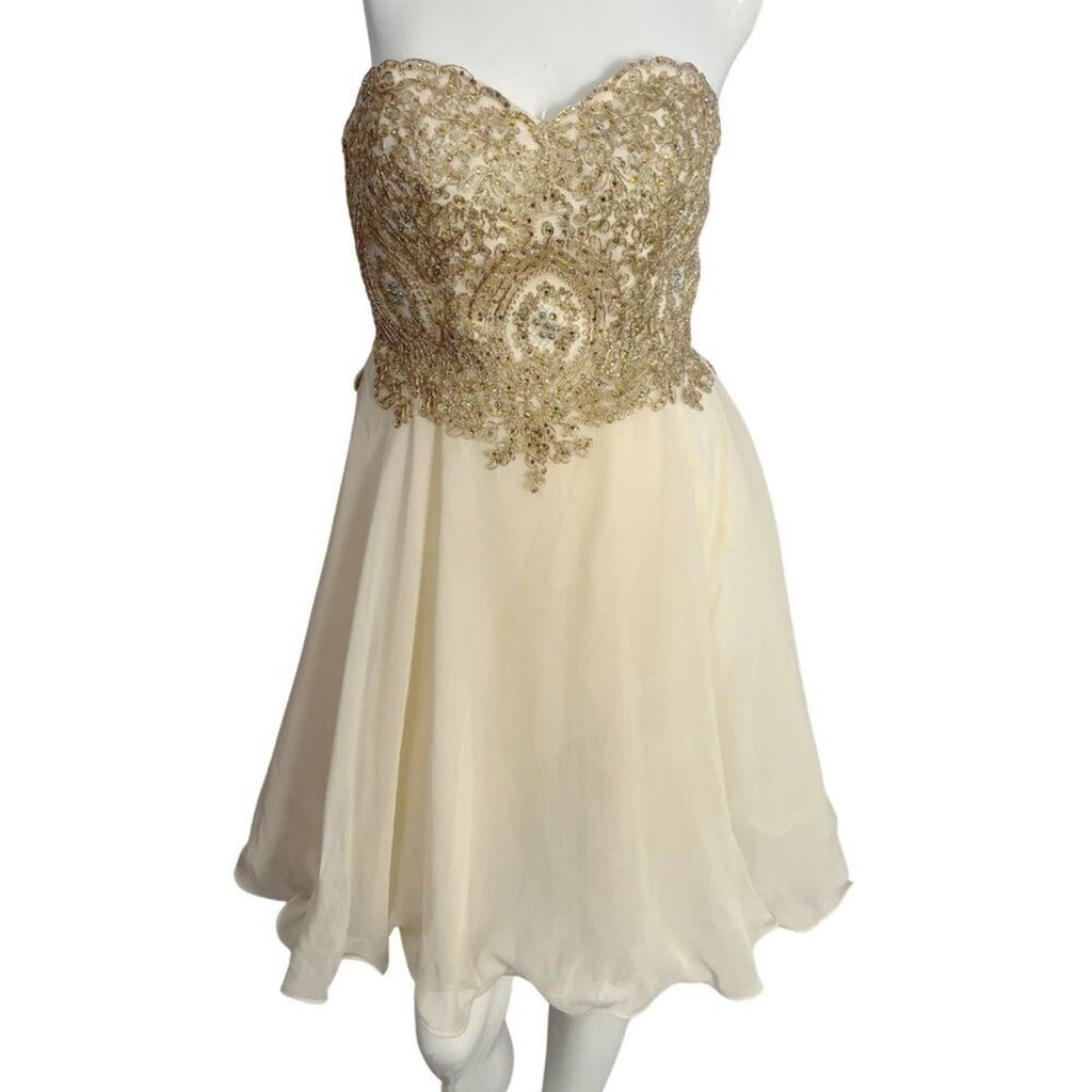 Metallic Gold Corset Cream Chiffon Strapless Formal Dress Prom Homecoming Size 4