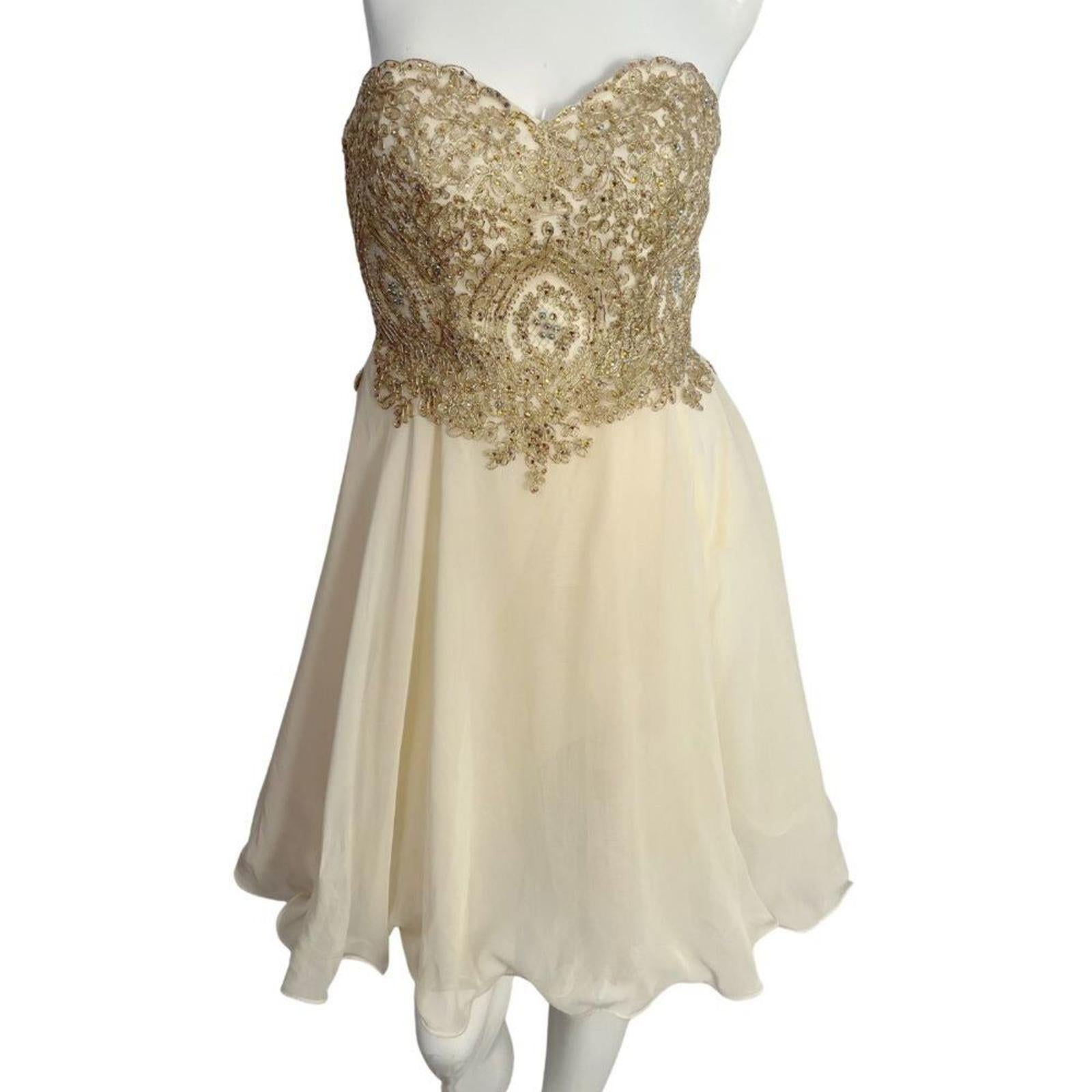 Metallic Gold Corset Cream Chiffon Strapless Formal Dress Prom Homecoming Size 4