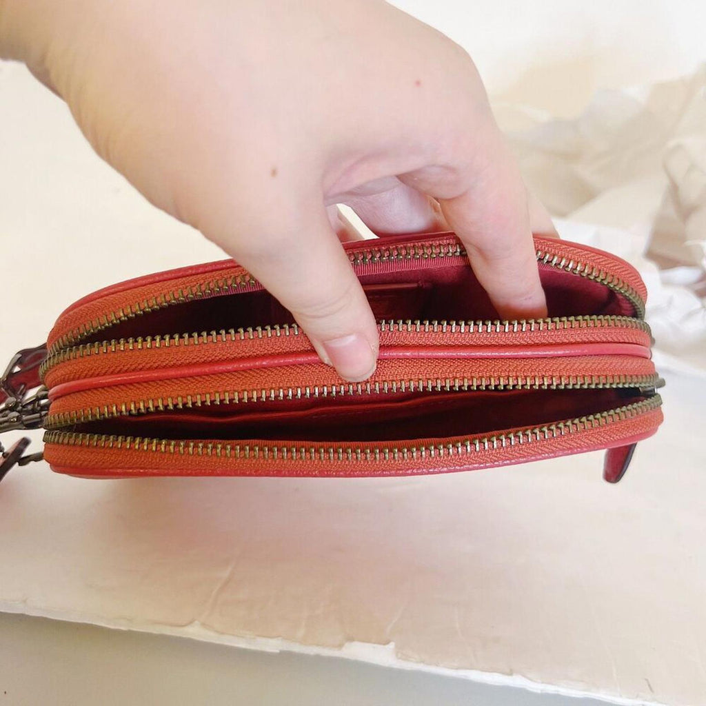 NWOT Coach Pebbled Leather Coral Crossbody Camera Bag Double Zipper Wristlet