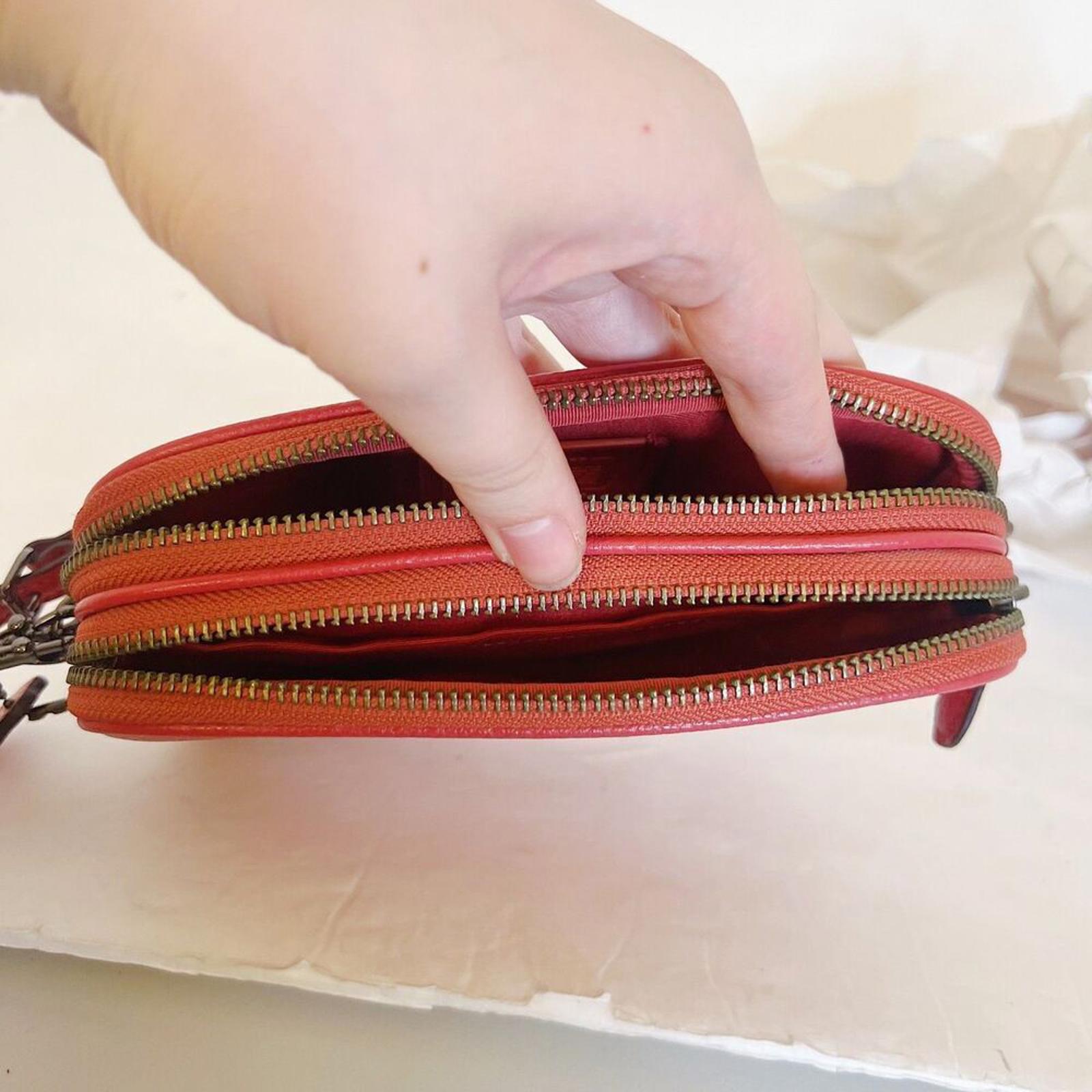 NWOT Coach Pebbled Leather Coral Crossbody Camera Bag Double Zipper Wristlet