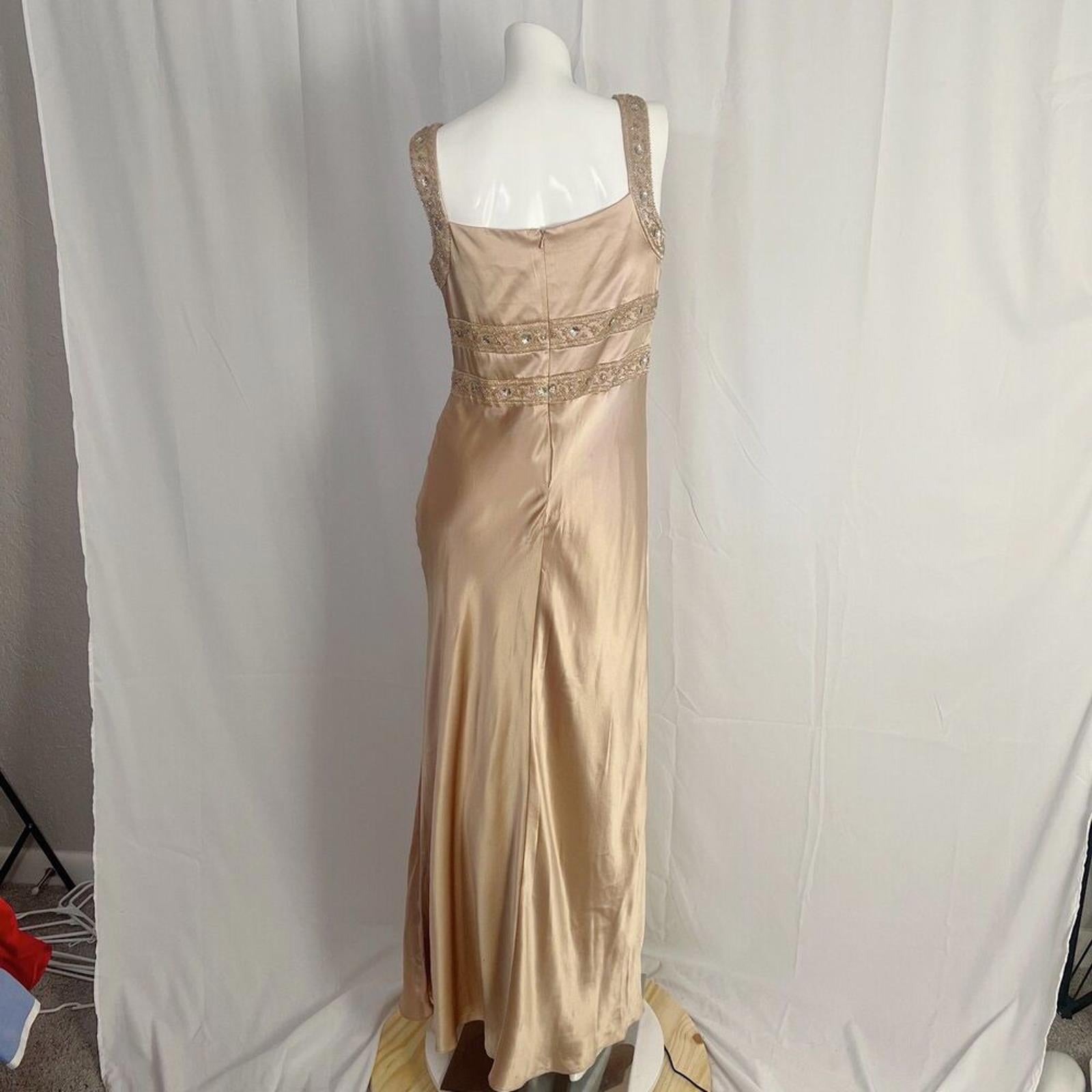 y2k Vintage Silk Dusk Collection Champagne Gold Hand Beaded Evening Gown Size 10