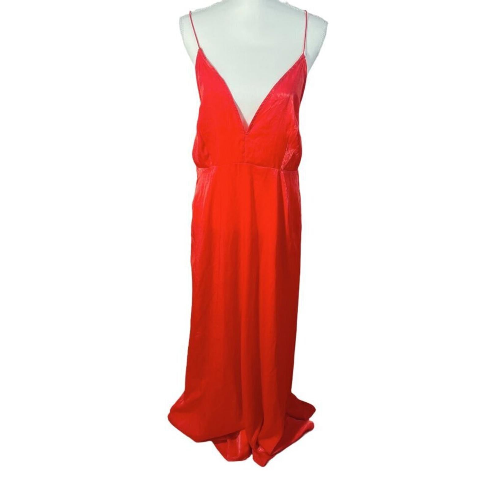 Pretty Little Thing PLT Red Satin V Neck Long Maxi Dress Backless Formal Size 10