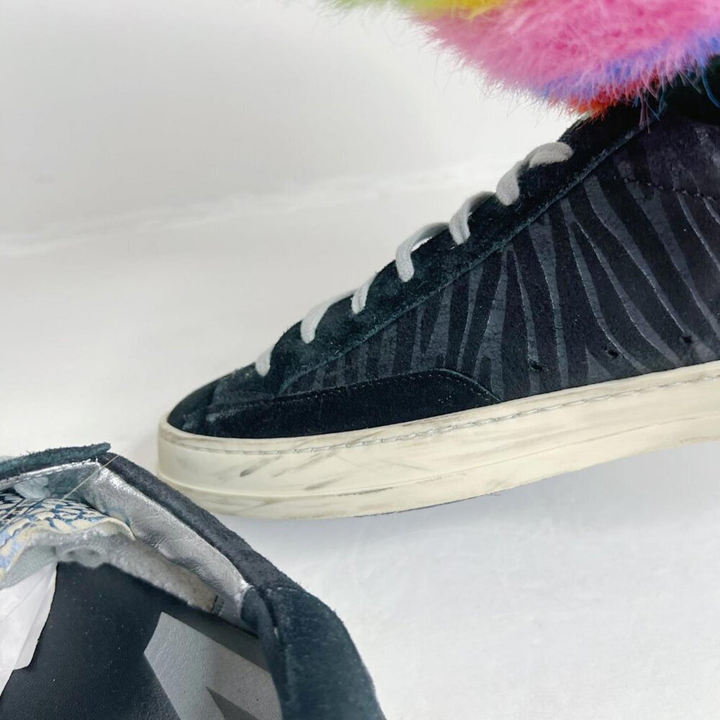P448 John Black Zebra Print Metallic Suede Leather Low Rise Sneakers Size 9 10