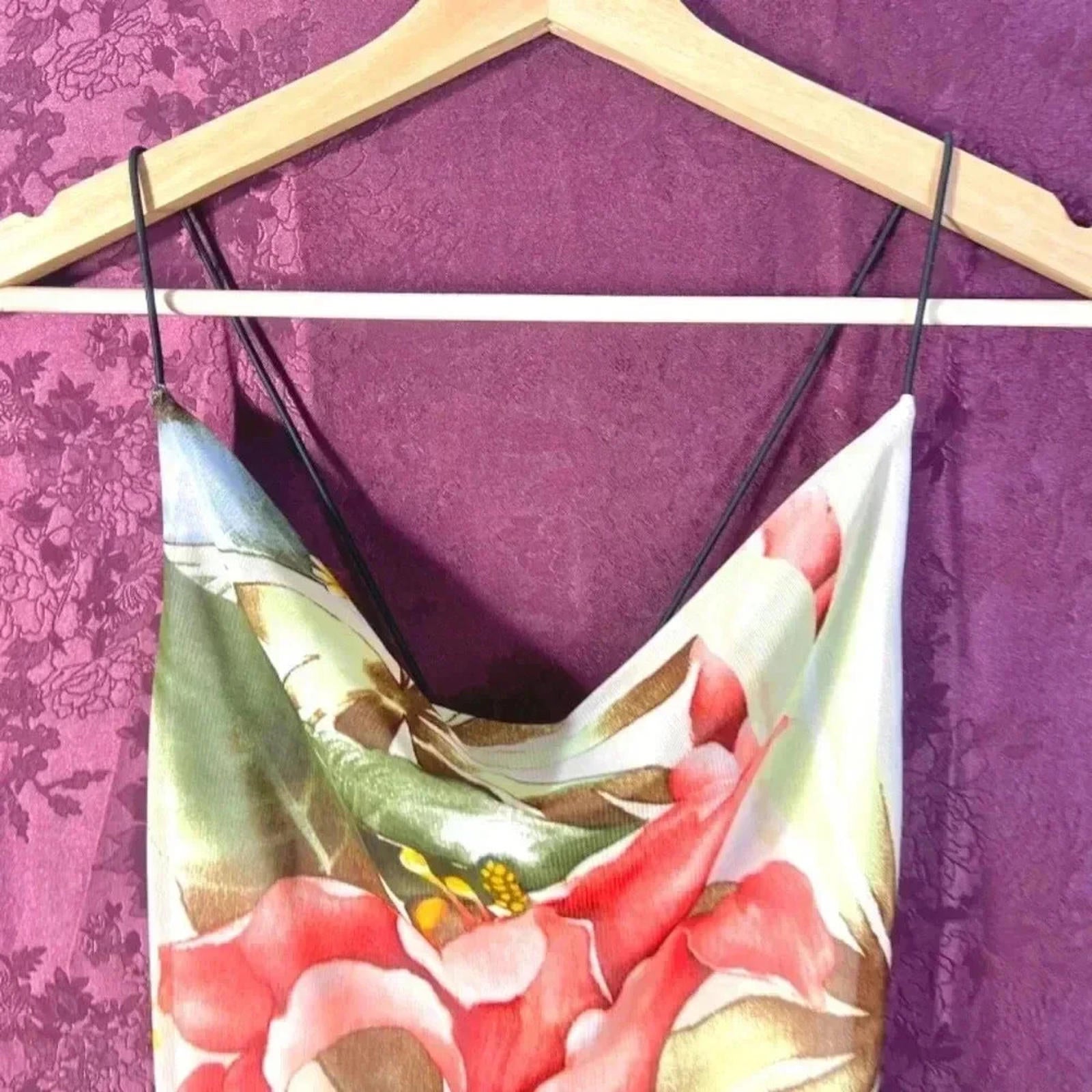 y2k Vintage A'Gaci Tropical Floral Cowl Neck Bodycon Dress Mesh Size S