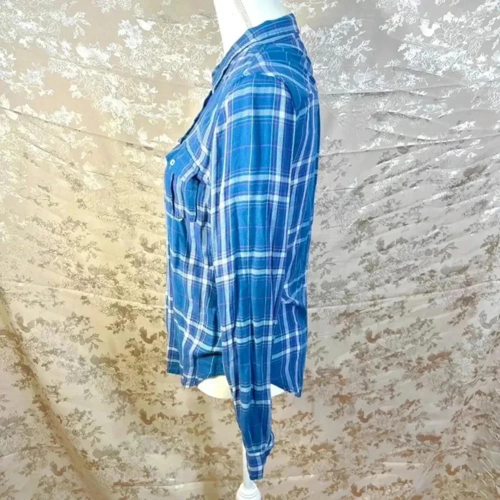 PAIGE Denim Mya Plaid Pocket Long Sleeve Shirt Nocturnal Blue Fog Size M